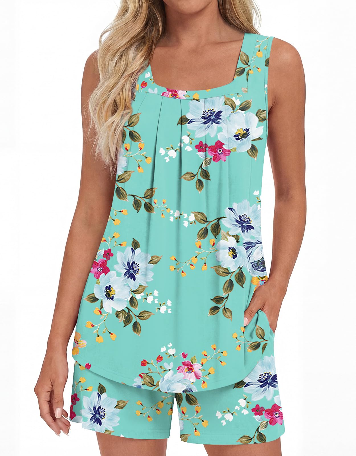 LONGYUAN Womens Sleeveless Pajama Set Soft Summer Lounge Shorts Tank Top Sleepwear with Pockets 2 Piece Set M-3XL