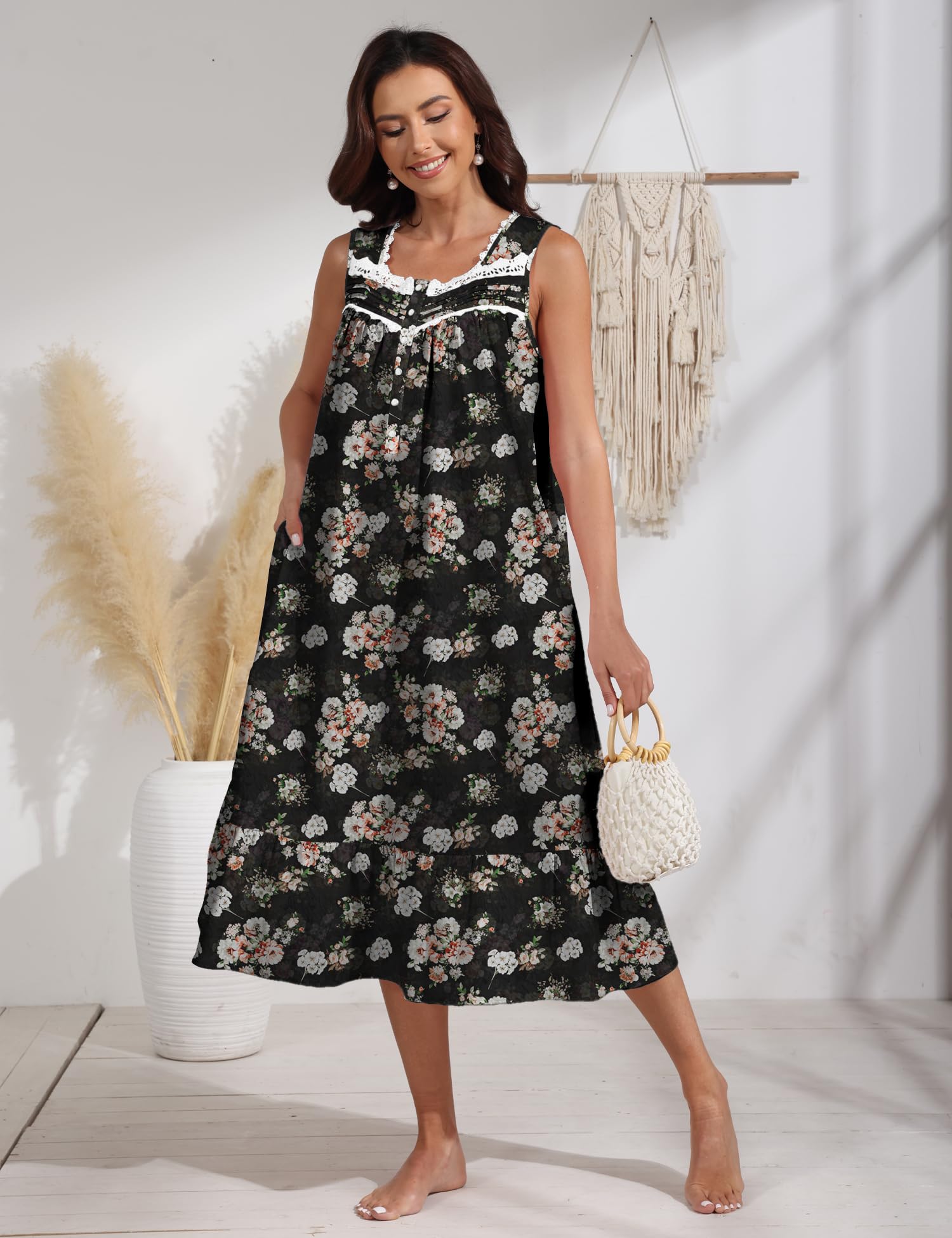 100% Cotton Floral Pearl Snap Nightgown for Women Sleeveless Victorian Sleep Dress Cotton Nightgowns with Pockets WEBE CLOTHING