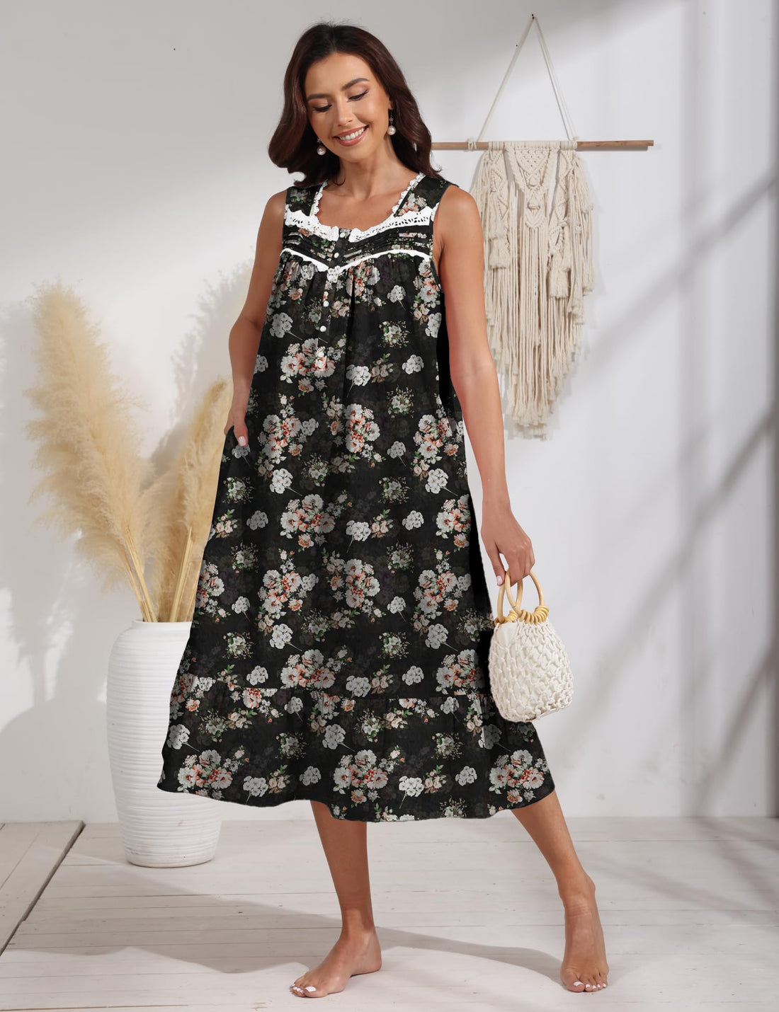 100% Cotton Floral Pearl Snap Nightgown for Women Sleeveless Victorian Sleep Dress Cotton Nightgowns with Pockets WEBE CLOTHING