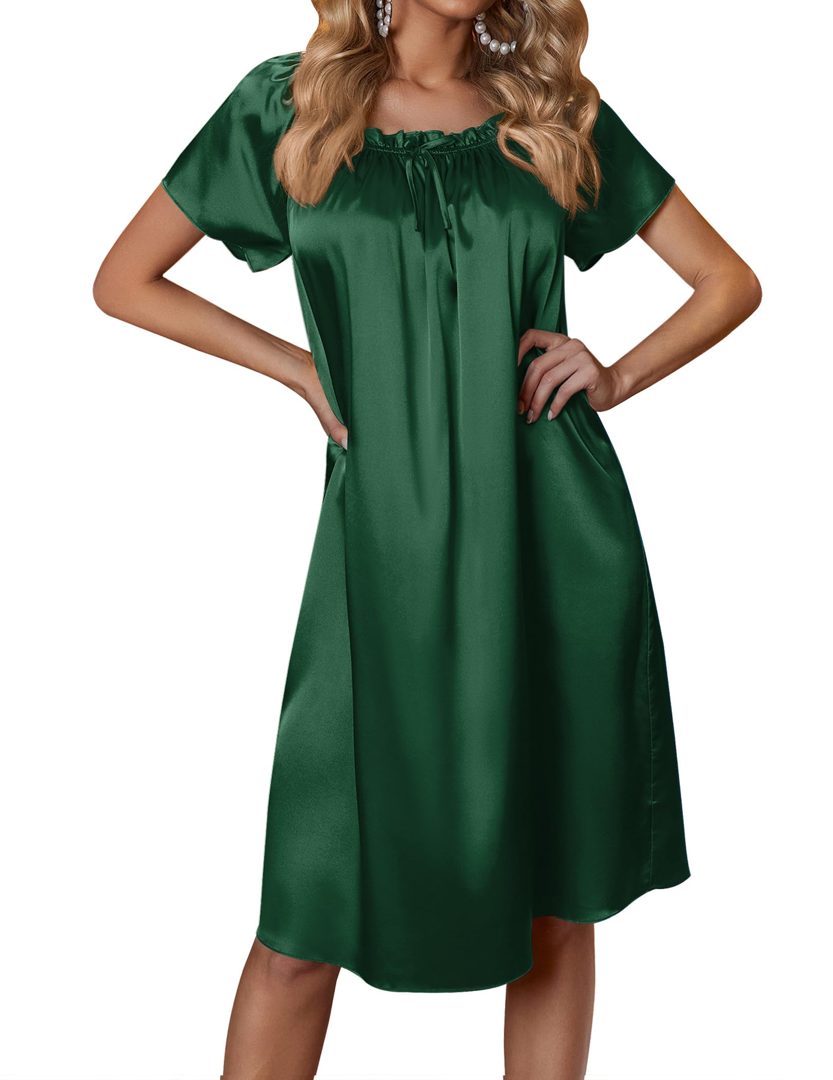 Ekouaer Women's Satin Silk Pleated Nightgown Loose Sleepwear Printed Nightshirt Short Sleeve Sleep Dress WEBE CLOTHING