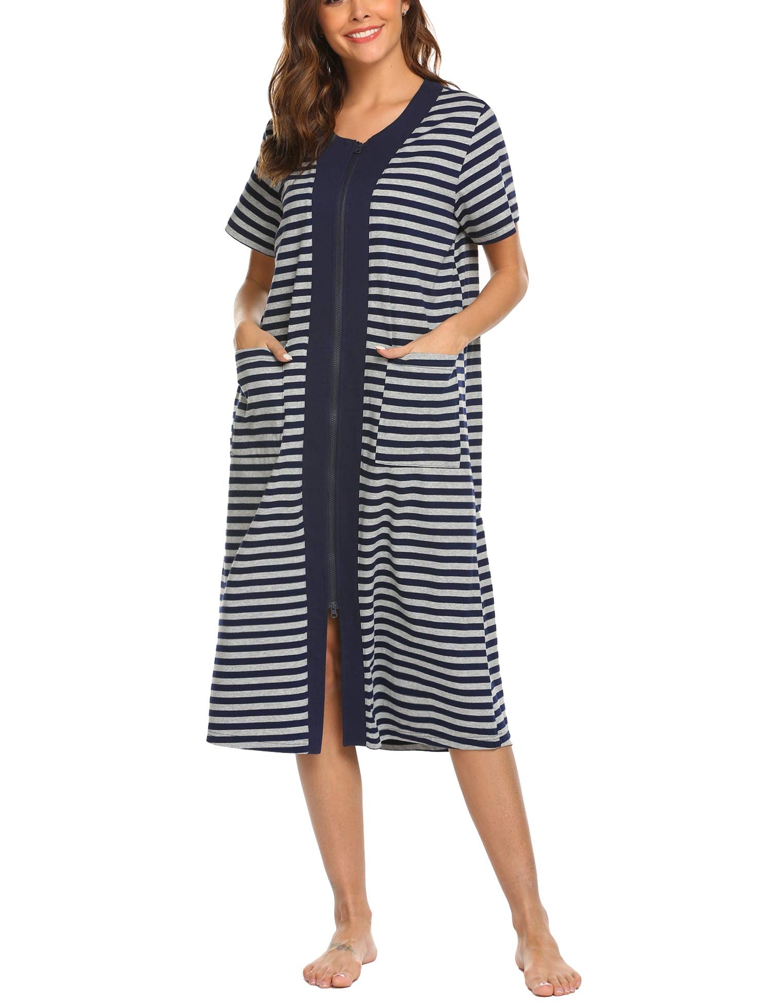 Ekouaer Robes For Women Zipper Bathrobe Short Sleeve Duster With Pockets | Zipper Front House Coat, Lightweight Sleepwear, Plus Size Loungewear, Ladies Nightgown for Mother, Postoperative Gown, Sleep