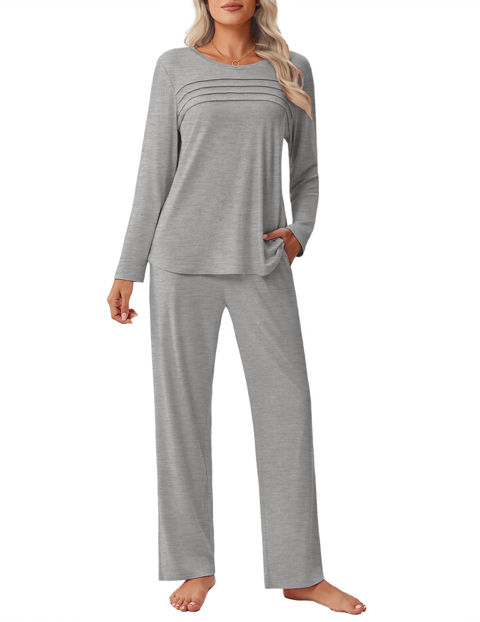 Ekouaer Womens Pajama Sets Pleated Tops with Long Pants Lounge Set Long Sleeve Fall Sleepwear Ladies Pjs S-XXL