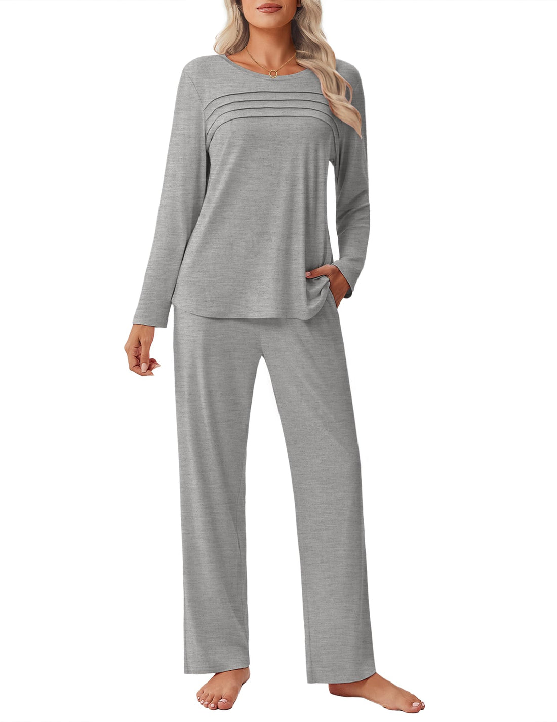 Ekouaer Womens Pajama Sets Pleated Tops with Long Pants Lounge Set Long Sleeve Fall Sleepwear Ladies Pjs S-XXL