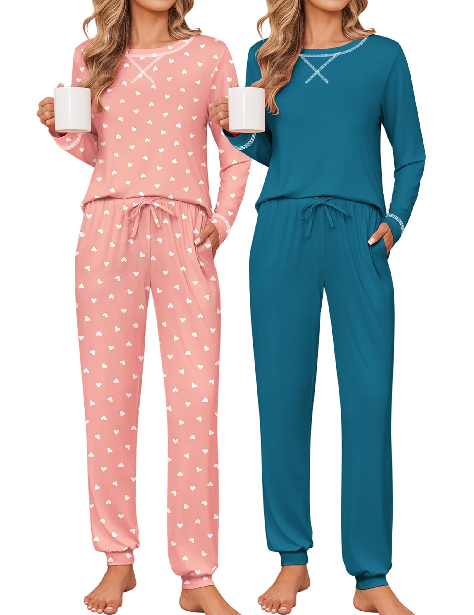 Ekouaer 2 Pack Pajama Sets for Womens Jogger Pants Pjs Long Sleeves Lounge Set Soft Sleepwear with Pockets