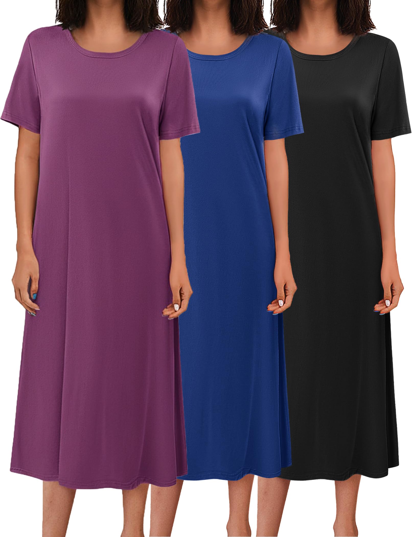 Ekouaer 3 Pack Long Nightgowns for Women Full Length Short Sleeve Nightshirt Soft Plus Size Sleepwear Casual Loungwear WEBE CLOTHING