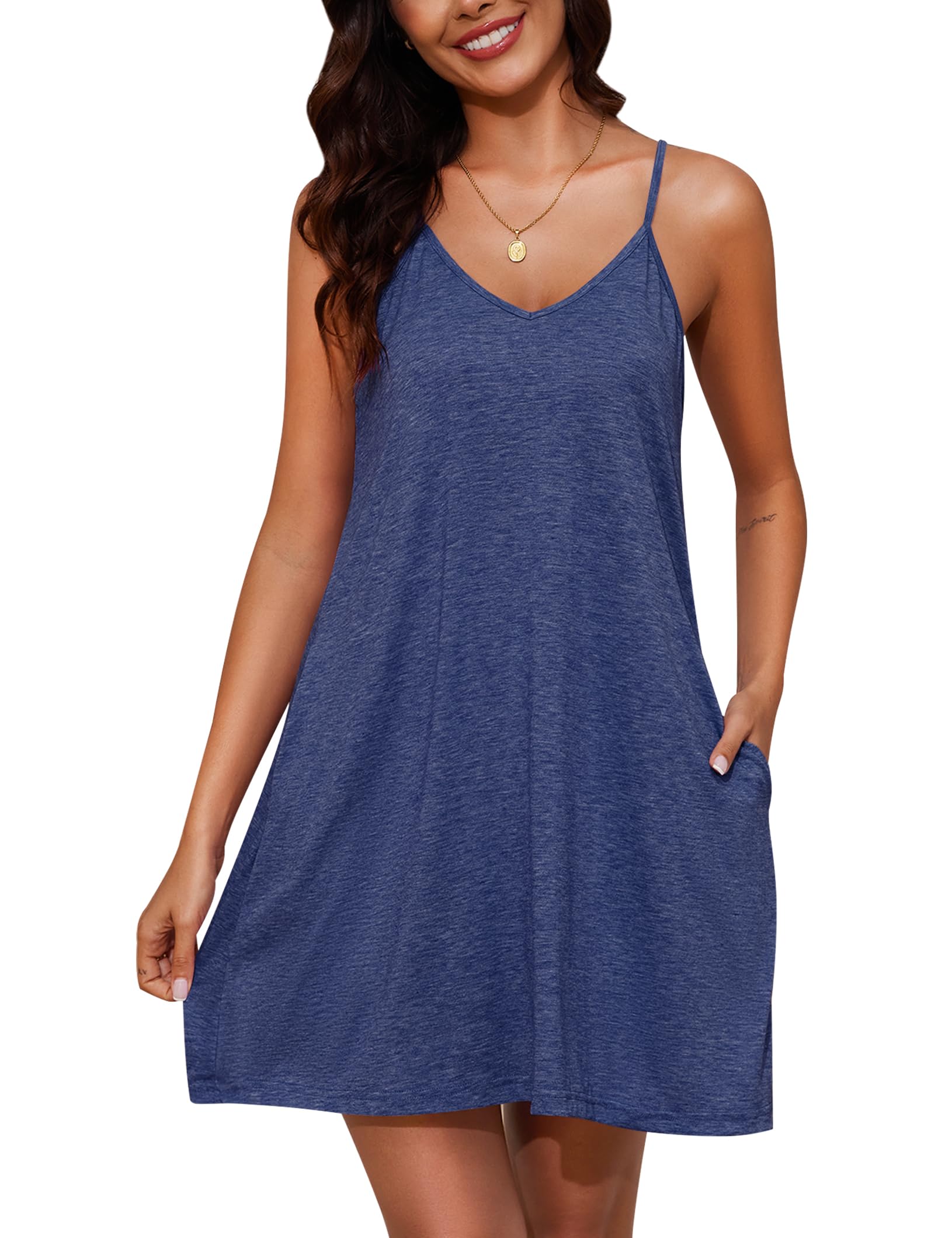 Marvmys Womens Cotton Sleeveless Nightgown Spaghetti Strap V Neck Full Slip Sleep Dress with Pockets WEBE CLOTHING