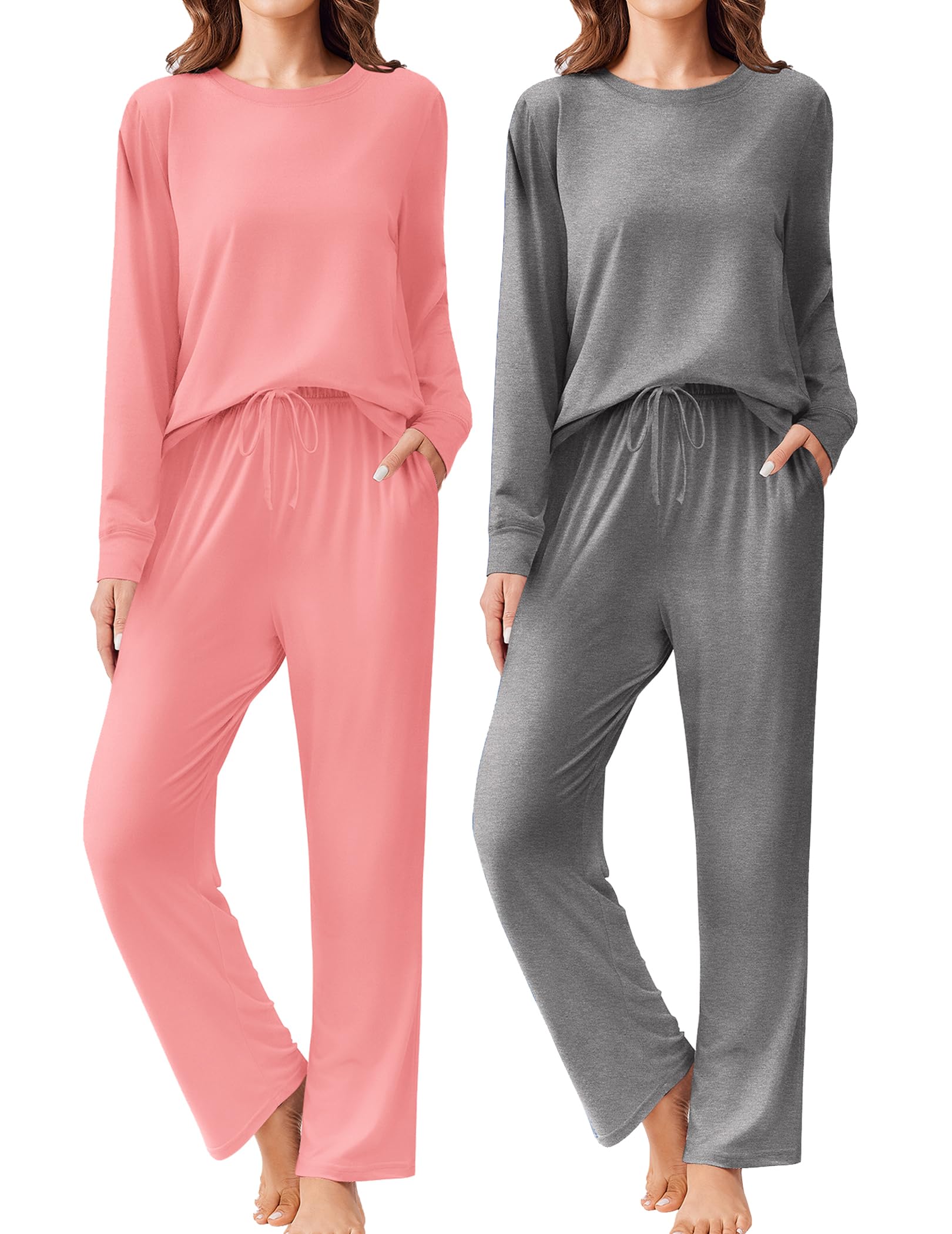 Ekouaer 2 Pack Women Pajama Long Sleeve Sleepwear Soft Loungewear Pjs Sets with Pockets S-XXL