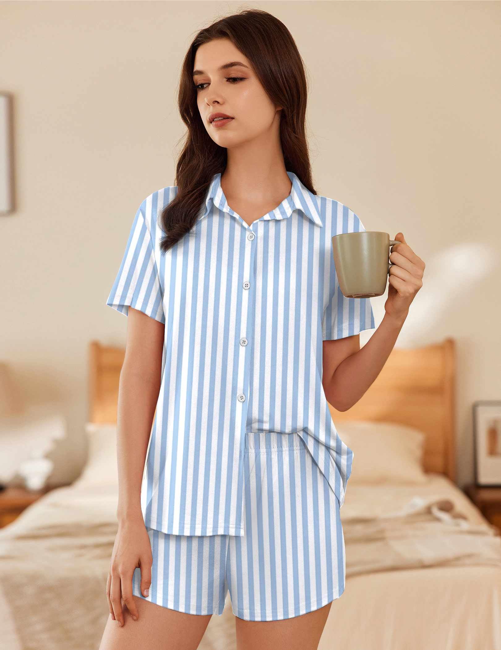 Ekouaer Pajama for Women Set Short Sleeve Button Down Pajamas Sets Soft Lounge Sets for Women Sleepwear PJS WEBE CLOTHING