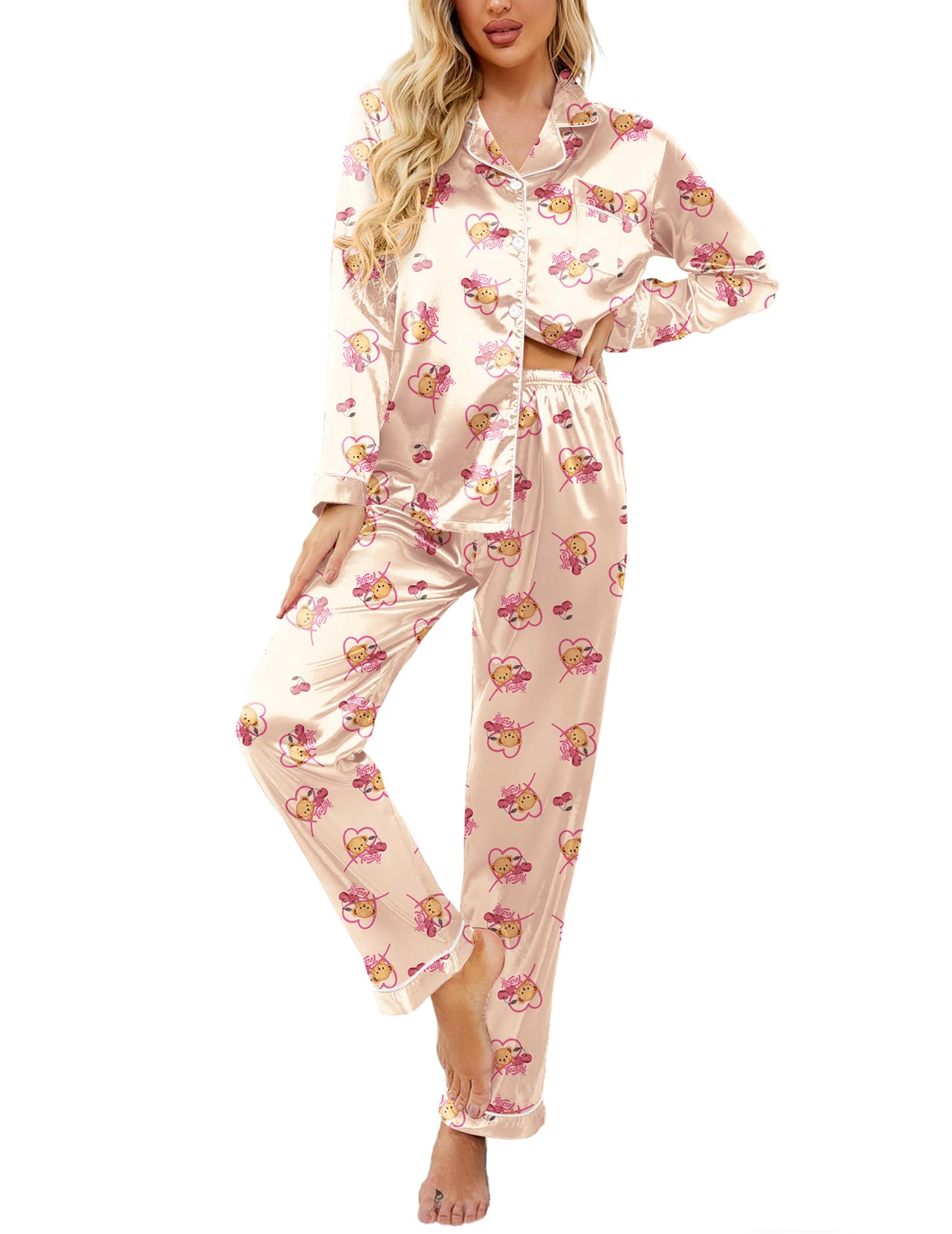 Ekouaer Womens Satin Silky Pajama Set Classic Pattern Button Down Pjs Set | Soft Fabric, Long Sleeve Notch Collar with Contrast Piping, Chest Pocket, Gifting Sleepwear WEBE CLOTHING