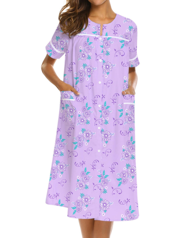 Ekouaer House Dress for Women with Pockets Duster Button Down Nightgown | Nightgowns for Women, Button Dwon House Dress with Pockets, Short Sleeve Duster Housecoat, Moo Moos for Elderly, Mumu Dress WEBE CLOTHING
