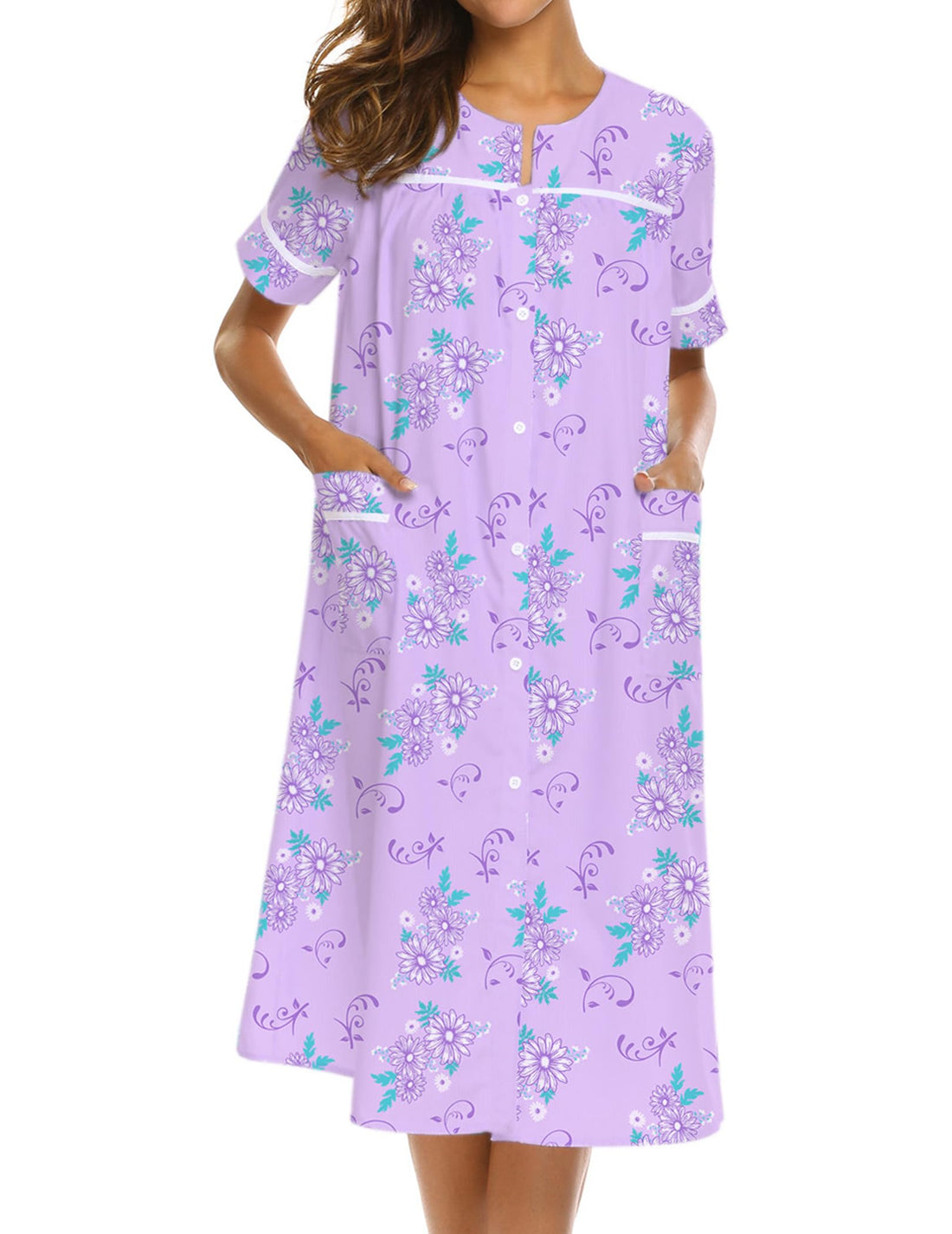 Ekouaer House Dress for Women with Pockets Duster Button Down Nightgown | Nightgowns for Women, Button Dwon House Dress with Pockets, Short Sleeve Duster Housecoat, Moo Moos for Elderly, Mumu Dress WEBE CLOTHING