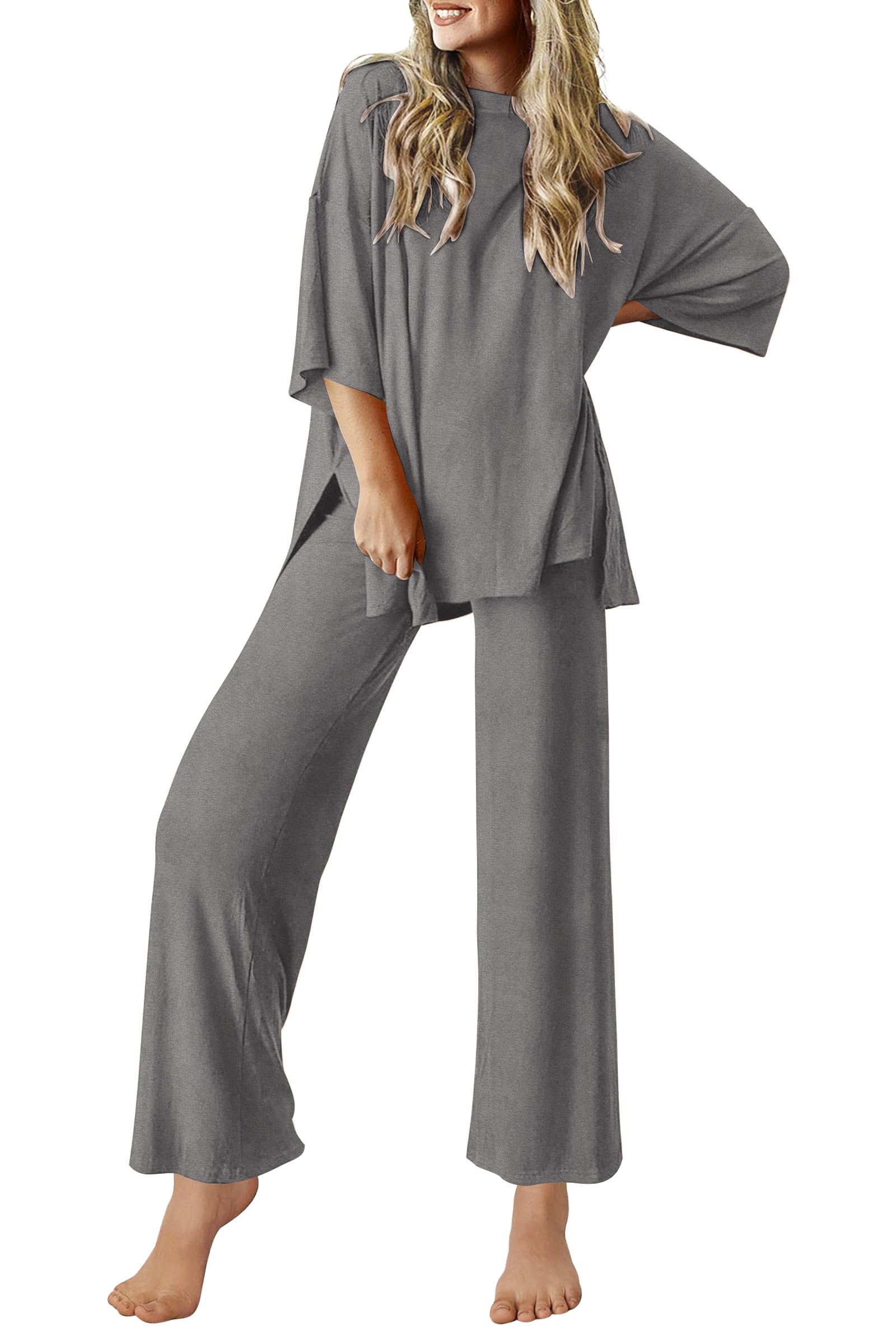 Ekouaer Lounge Sets for Women Short Sleeve Tops and Long Pants Soft Comfy Pajamas Set 2 Piece Outfits