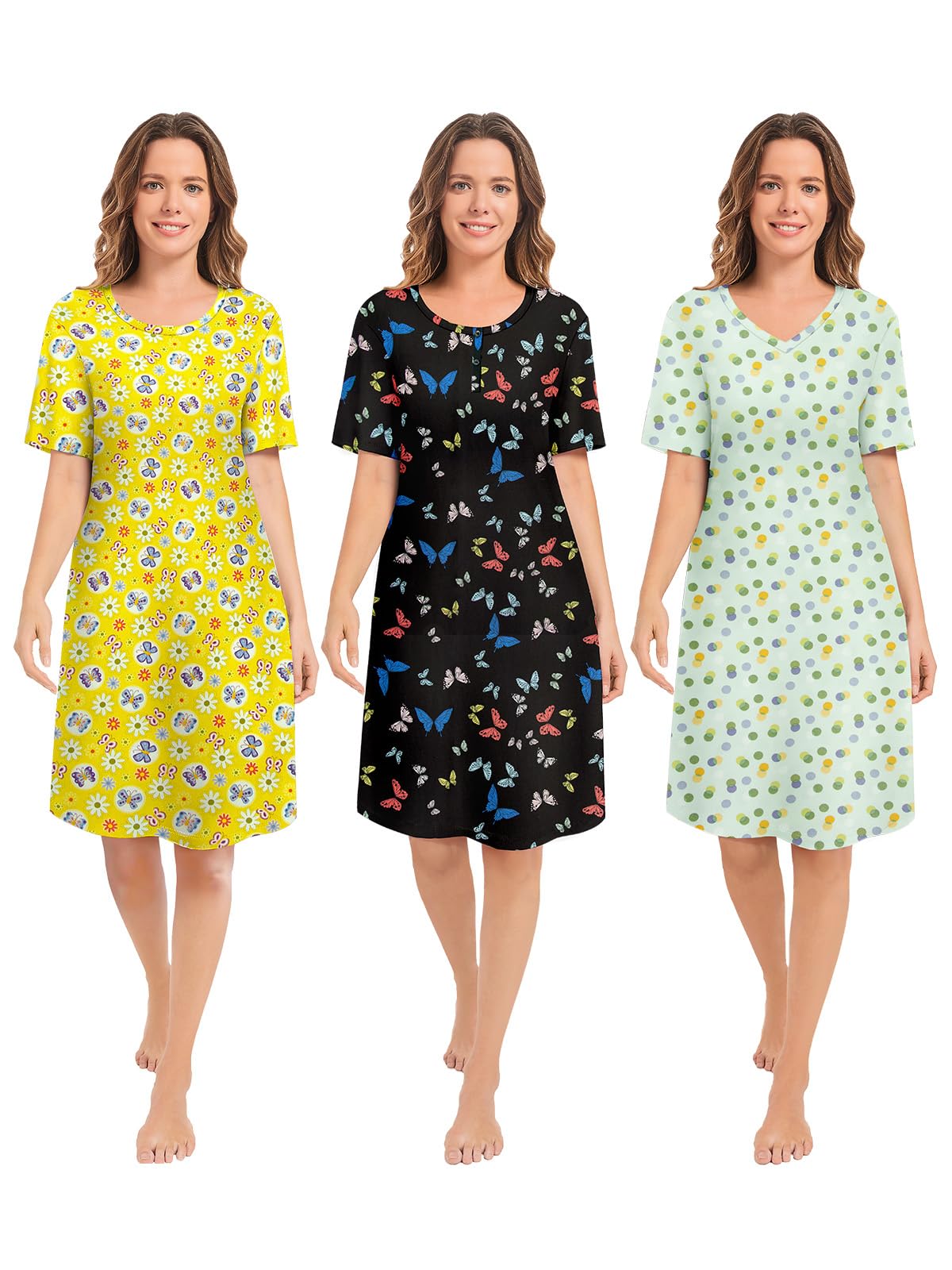 3 Pack Nightgowns for Women Short Sleeve Night Gown Soft Sleep Shirts Women's Sleepwear Print Sleep Dress WEBE CLOTHING