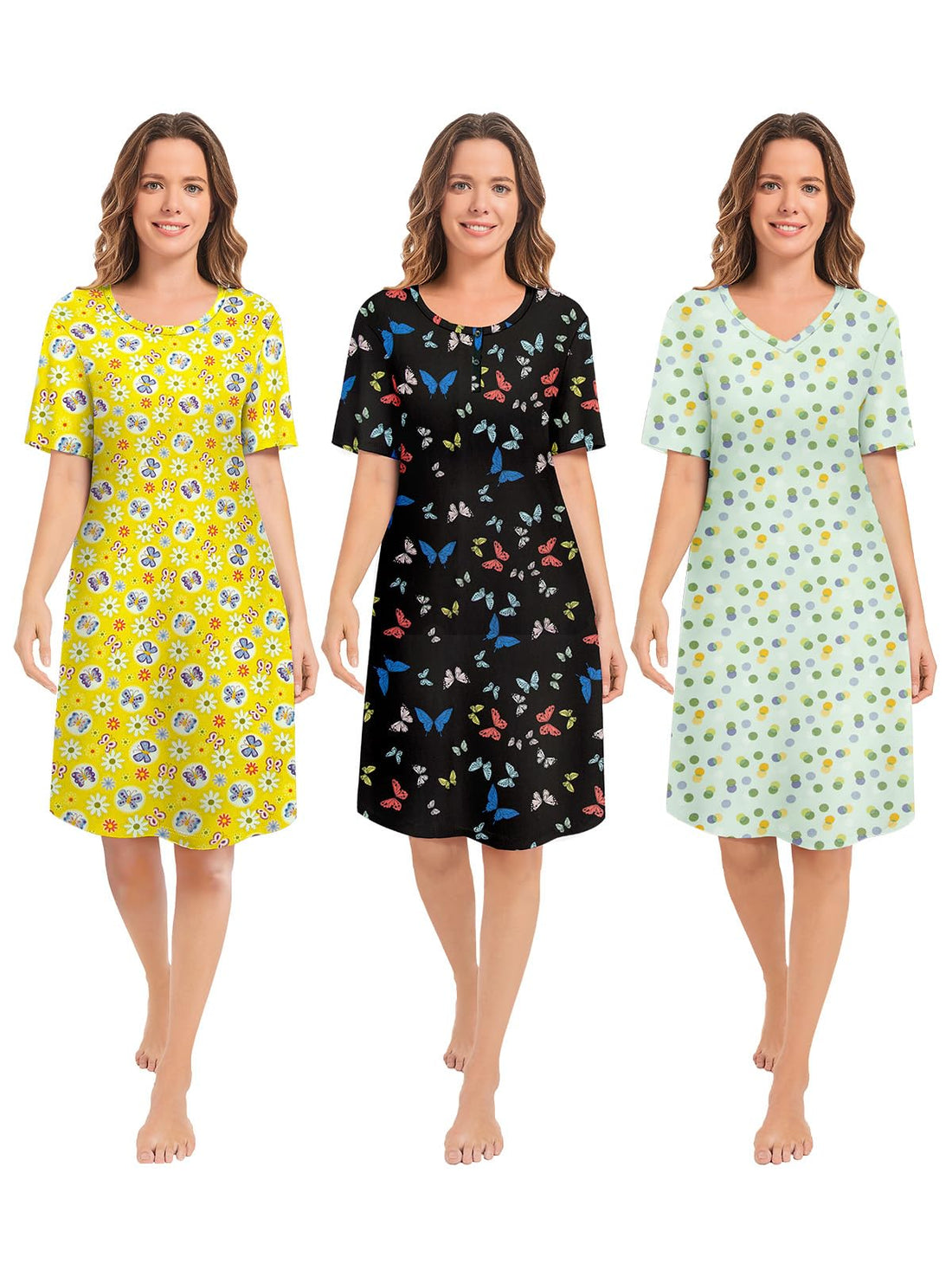 3 Pack Nightgowns for Women Short Sleeve Night Gown Soft Sleep Shirts Women's Sleepwear Print Sleep Dress WEBE CLOTHING