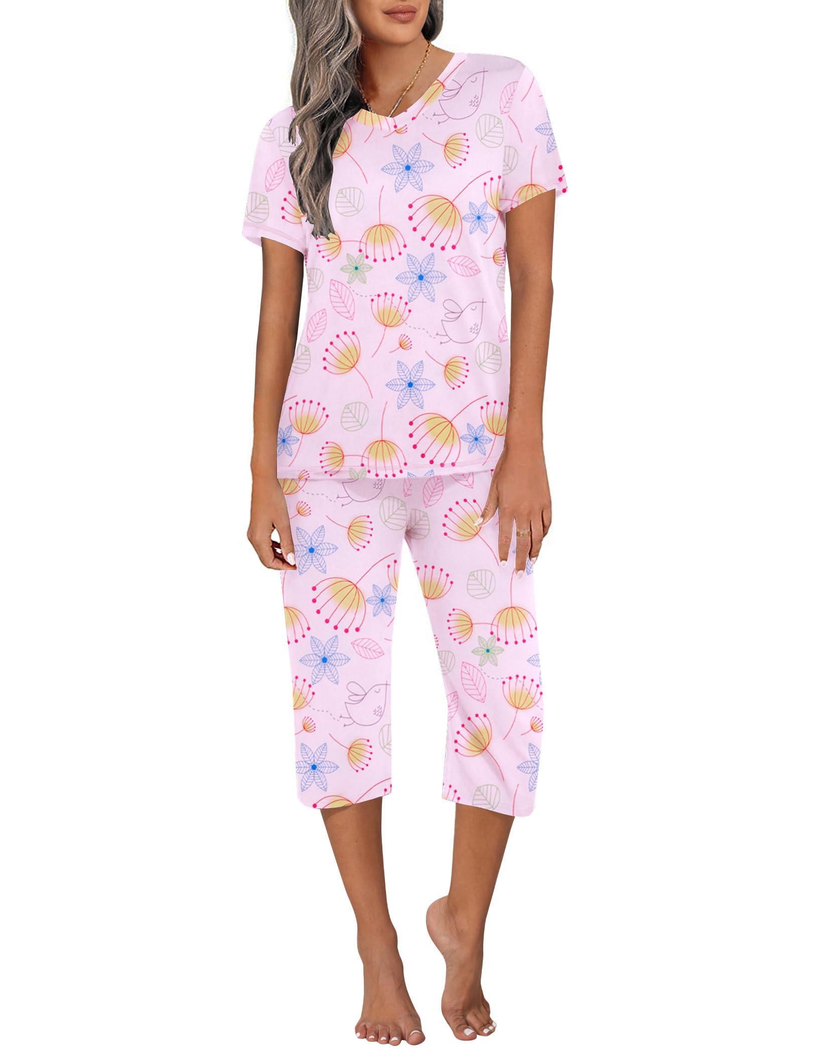 Ekouaer Women's Sleepwear Capri Pajama Sets Short Sleeve Two-Piece Pjs V Neck Tops & Capri Pants with Pockets S-3XL