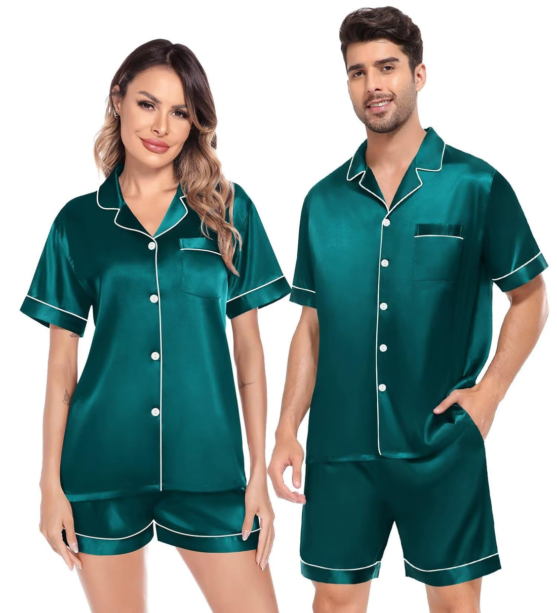SWOMOG Satin Matching Pajamas Sets Couple Silk Button Down Nightwear Women & Men Short Sleeve Sleepwear 2 Pieces Loungewear