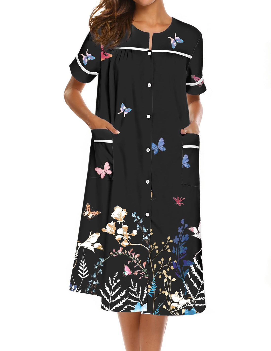 Ekouaer House Dress for Women with Pockets Duster Button Down Nightgown | Nightgowns for Women, Button Dwon House Dress with Pockets, Short Sleeve Duster Housecoat, Moo Moos for Elderly, Mumu Dress WEBE CLOTHING