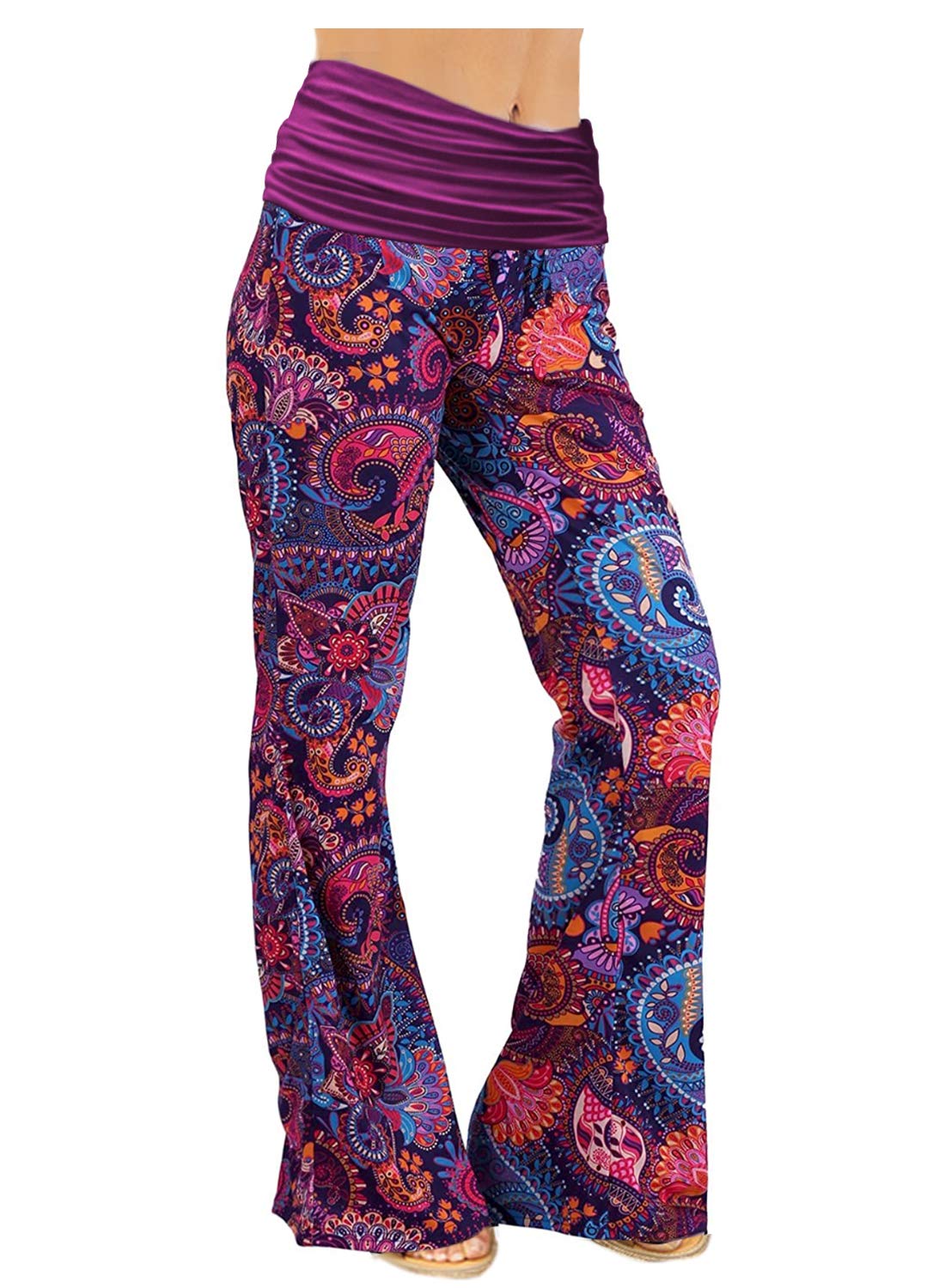 Gracyoga Women's Comfy Pajama Pants Wide Leg Lounge Palazzo Yoga Pants Stretch Casual Floral Print Fold Waist Pants