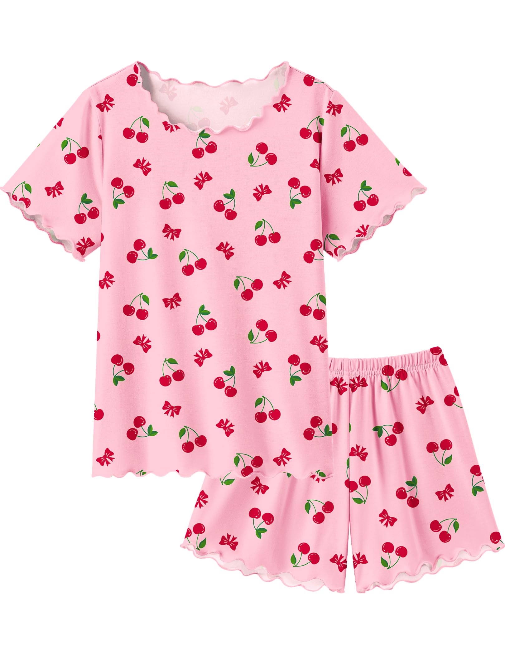 Arshiner Girls Pajama Set Short Sleeve Lounge Set Soft Shirring Summer Sleepwear Pj Sets