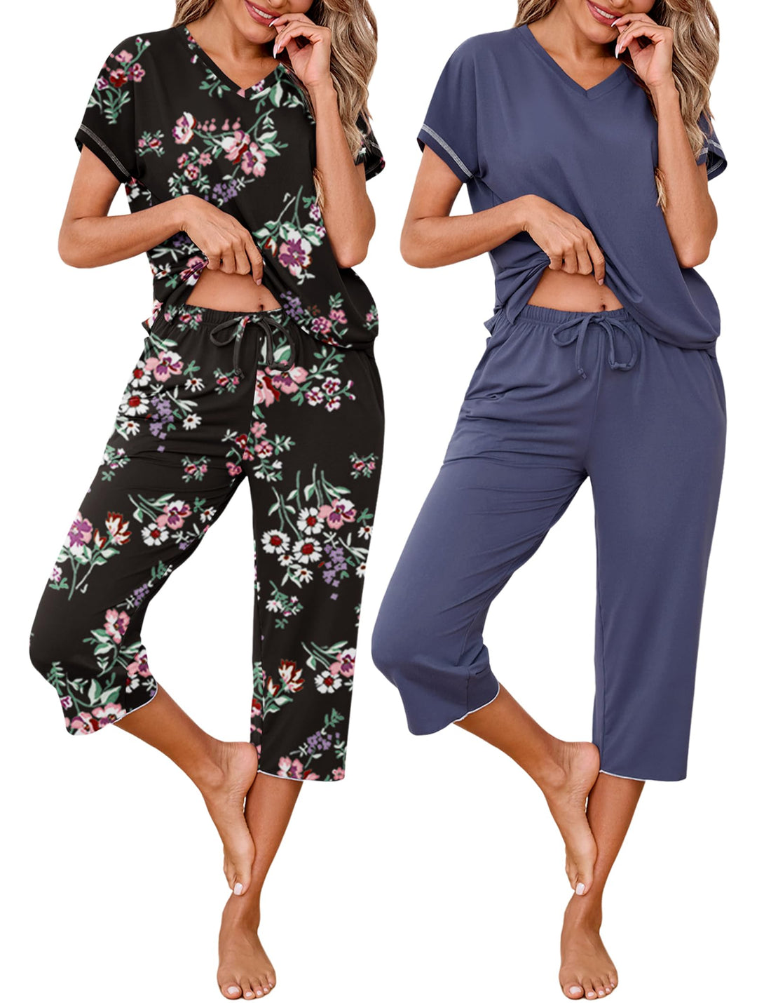 Marvmys Womens 2 Pack Pajama Sets Short Sleeve Sleepwear Capri Pants Pjs | Pockets, Lightweight, Cooling Pyjamas, Nightwear Comfy for Daily Wear, Pajams sets, Sleep, Travel, Wife, Mom WEBE CLOTHING