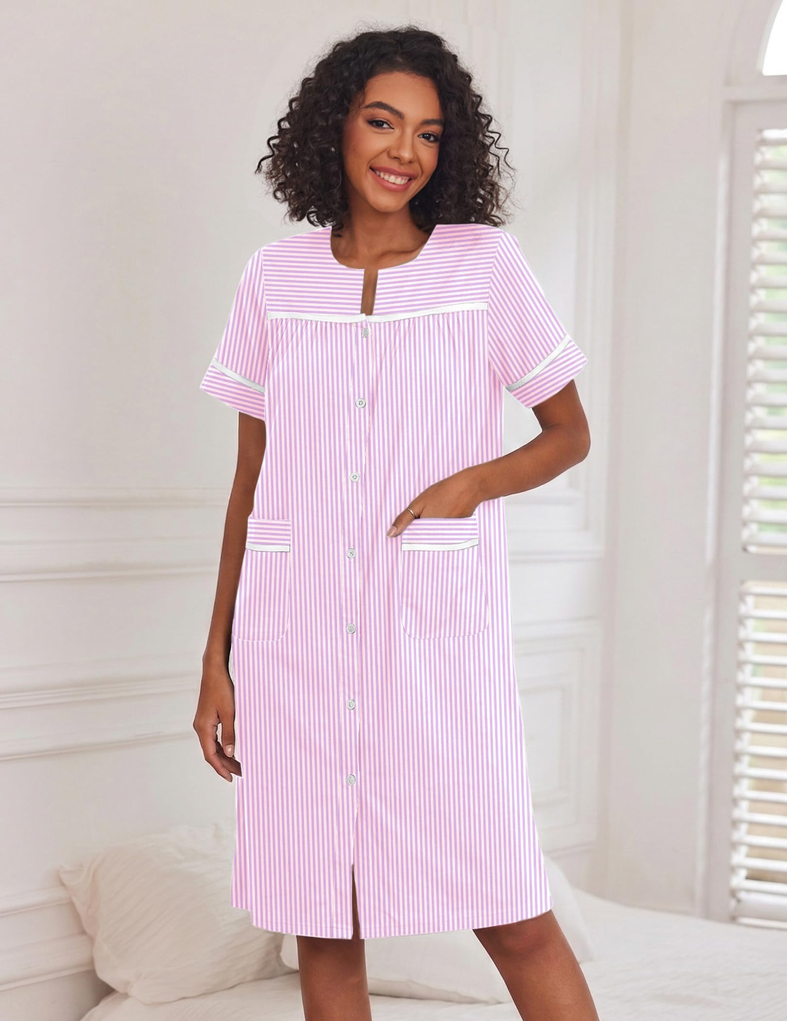Ekouaer House Dress for Women with Pockets Duster Button Down Nightgown | Nightgowns for Women, Button Dwon House Dress with Pockets, Short Sleeve Duster Housecoat, Moo Moos for Elderly, Mumu Dress WEBE CLOTHING