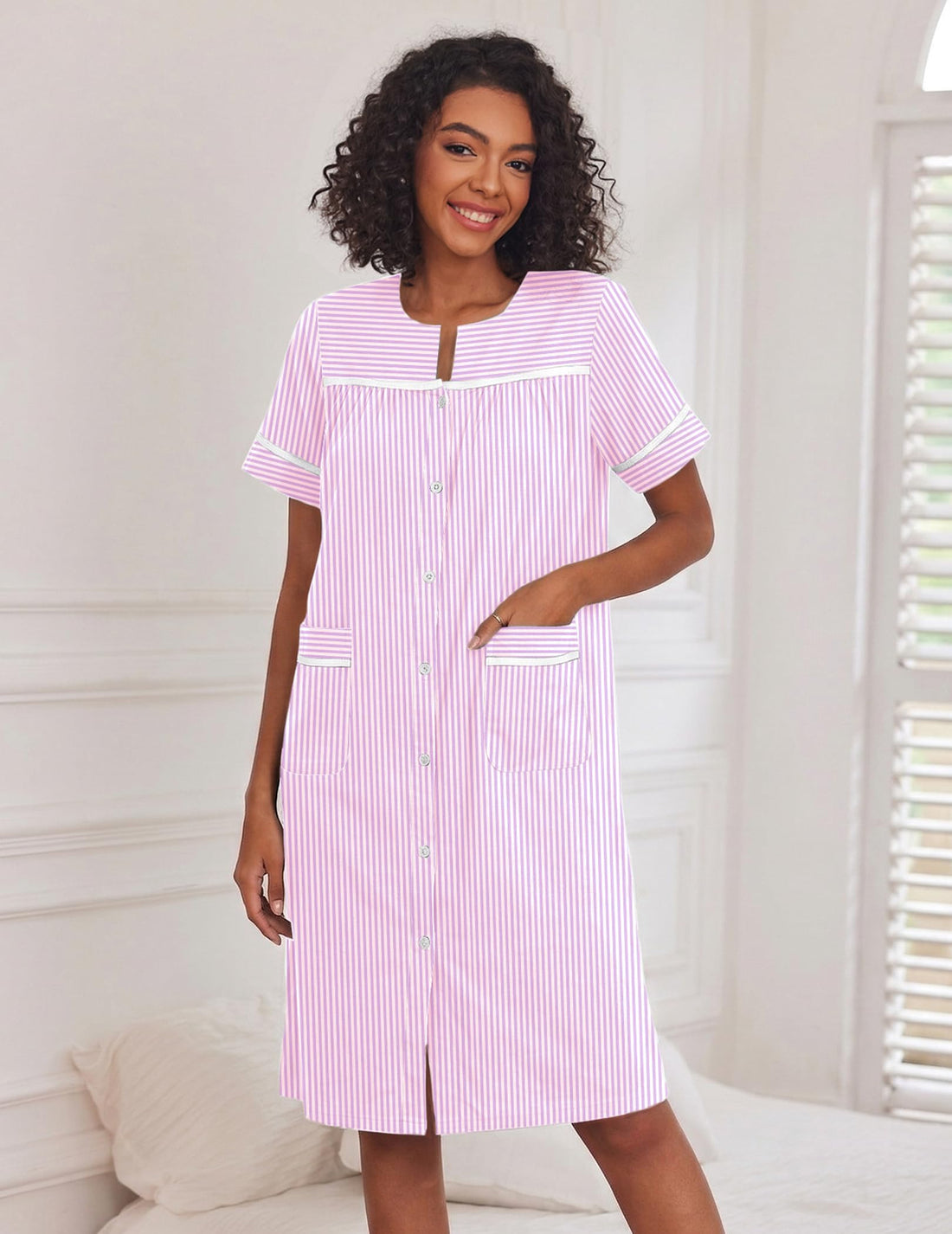 Ekouaer House Dress for Women with Pockets Duster Button Down Nightgown | Nightgowns for Women, Button Dwon House Dress with Pockets, Short Sleeve Duster Housecoat, Moo Moos for Elderly, Mumu Dress WEBE CLOTHING