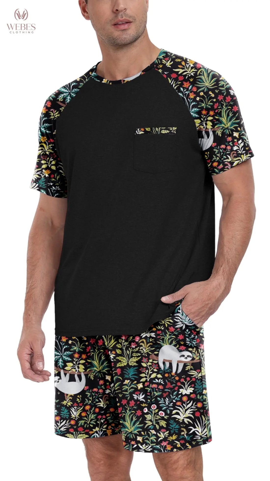 PrinStory Mens Pajama Sets Summer Pjs Sleepwear Nightwear Lightweight Quick Dry Soft Short Sleeve Sleep Set With Pocket S-4XL WEBE CLOTHING