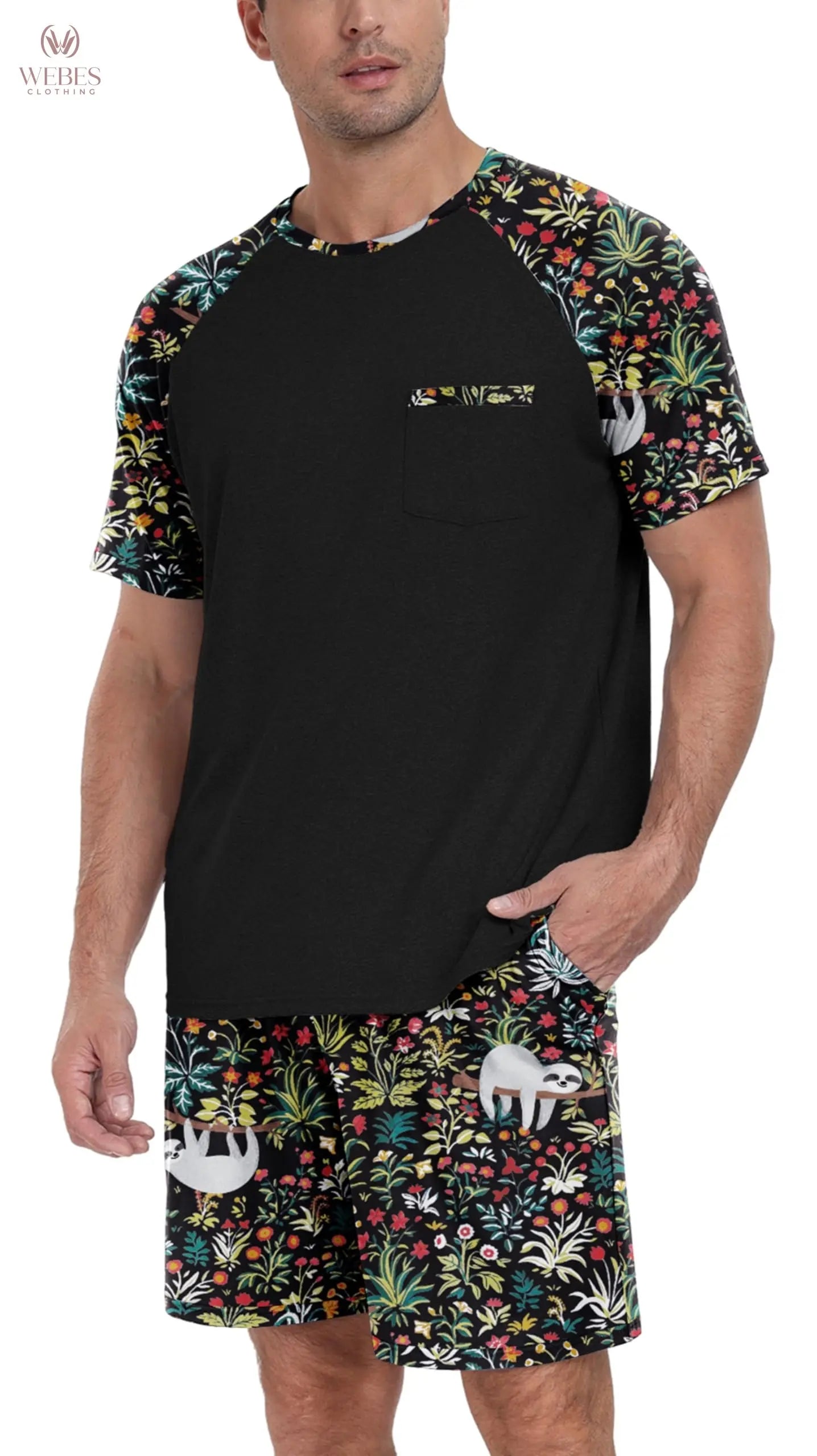 PrinStory Mens Pajama Sets Summer Pjs Sleepwear Nightwear Lightweight Quick Dry Soft Short Sleeve Sleep Set With Pocket S-4XL