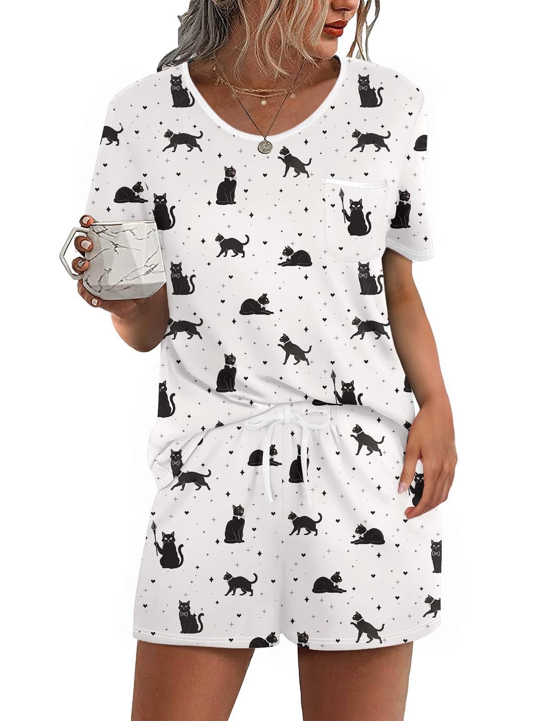 Ekouaer Pajama Set for Women 2 Piece Lounge Set Short Sleeve Tops and Shorts Soft Sleepwear, Chest Pocket