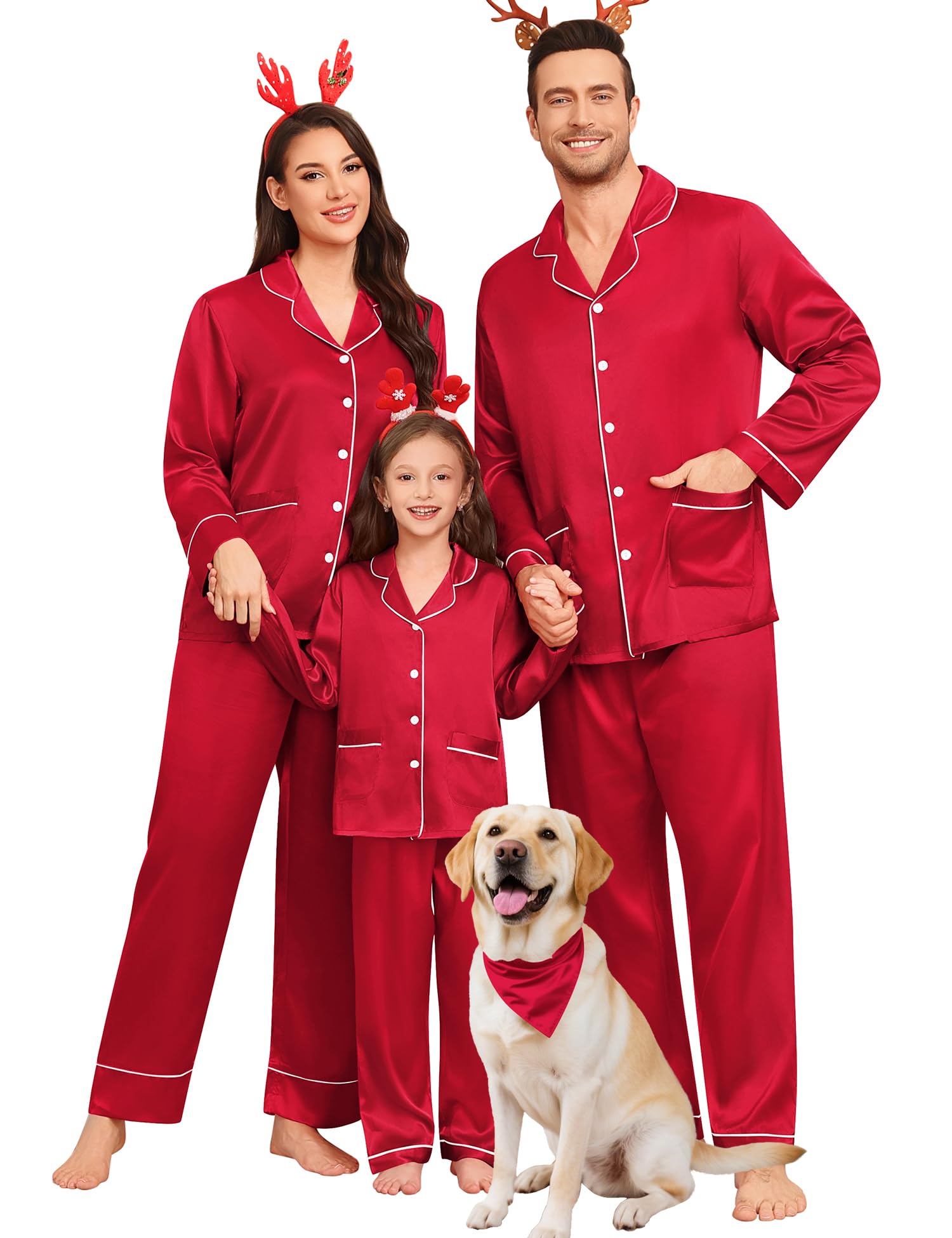 SWOMOG Matching Family Pajamas Set Women & Men & Kids Silk Satin Pjs 2 Pcs Long Sleeve Button Down Sleepwear with 2 Pockets