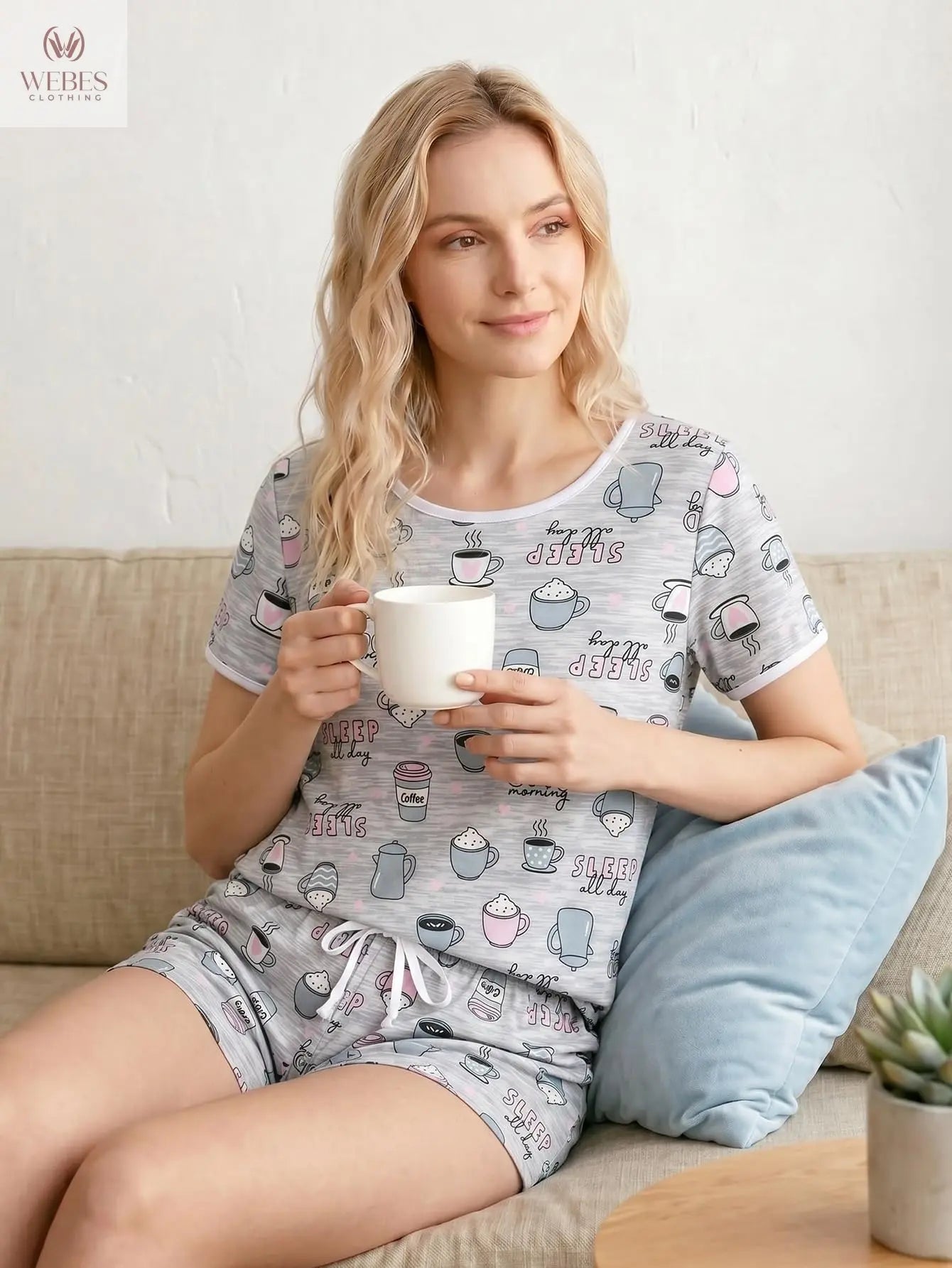 VENTELAN Women's 2 Piece Short Sleeve Pajama Sets Soft Loungewear Summer Sleepwear Pjs Sets with Pockets WEBE CLOTHING