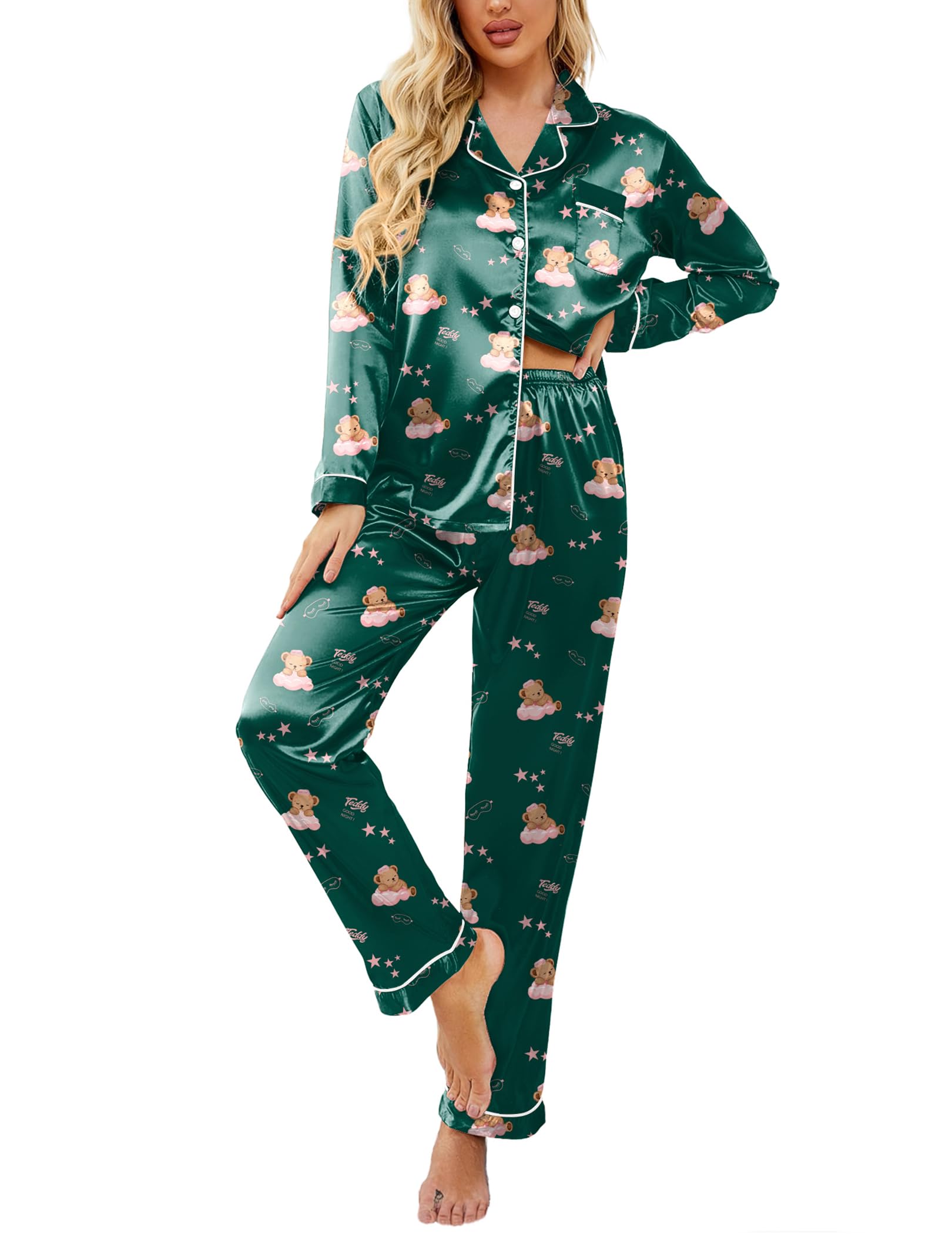 Ekouaer Womens Satin Silky Pajama Set Classic Pattern Button Down Pjs Set | Soft Fabric, Long Sleeve Notch Collar with Contrast Piping, Chest Pocket, Gifting Sleepwear WEBE CLOTHING