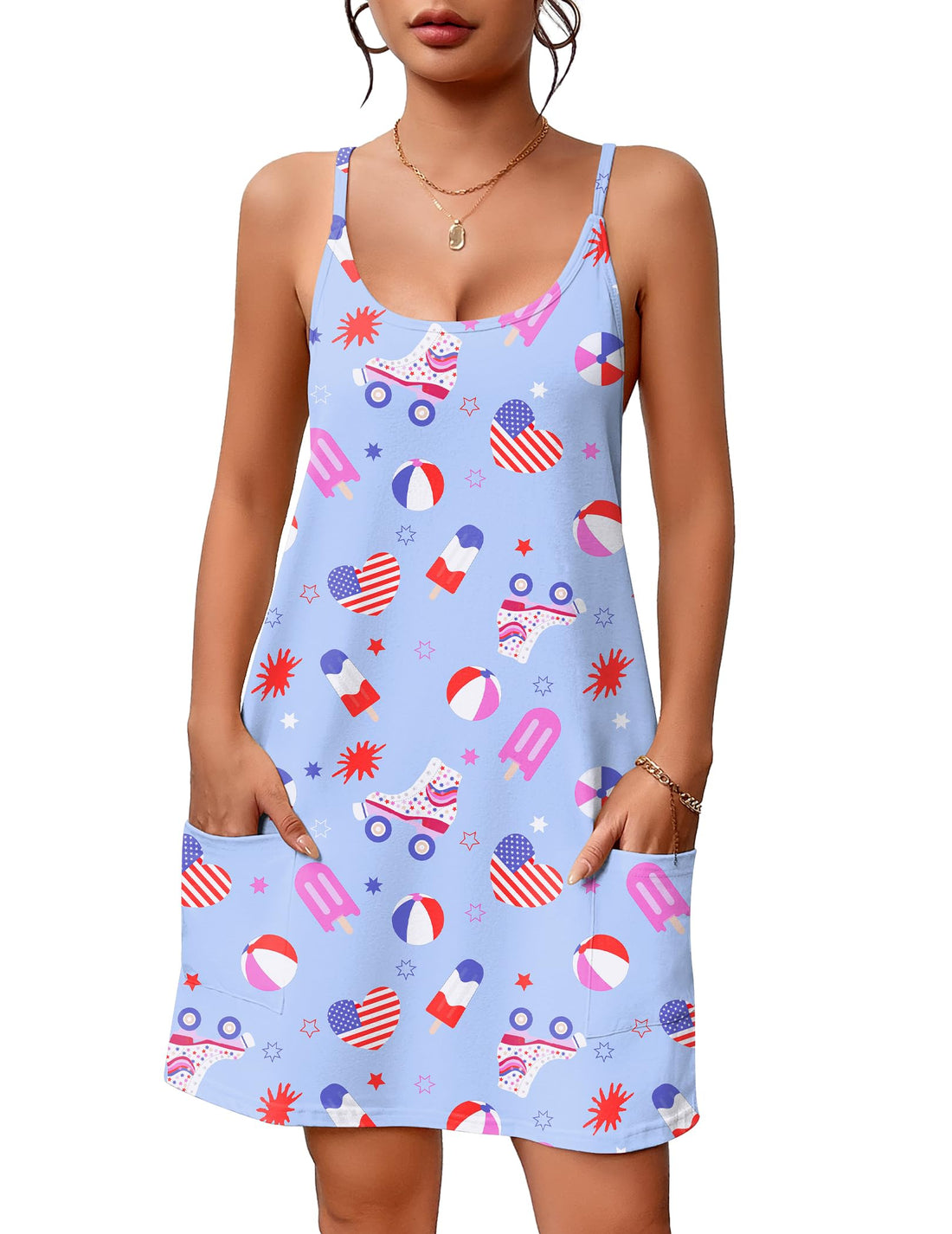 Ekouaer Nightgowns for Women Cotton Sleepwear Sexy Sleep Shirt Adjustable Spaghetti Strap Night Gowns with Pockets S-3XL WEBE CLOTHING