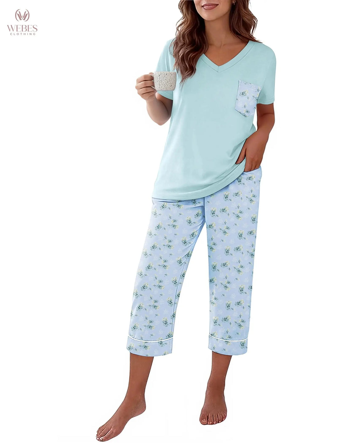 Ekouaer Cotton Pajamas for Women Set Short Sleeve Top and Capri Pants | 2 Pieces Lounge Set with Pockets V Neck Comfy Soft Sleepwear for Mom, Wife, Grandmother WEBE CLOTHING
