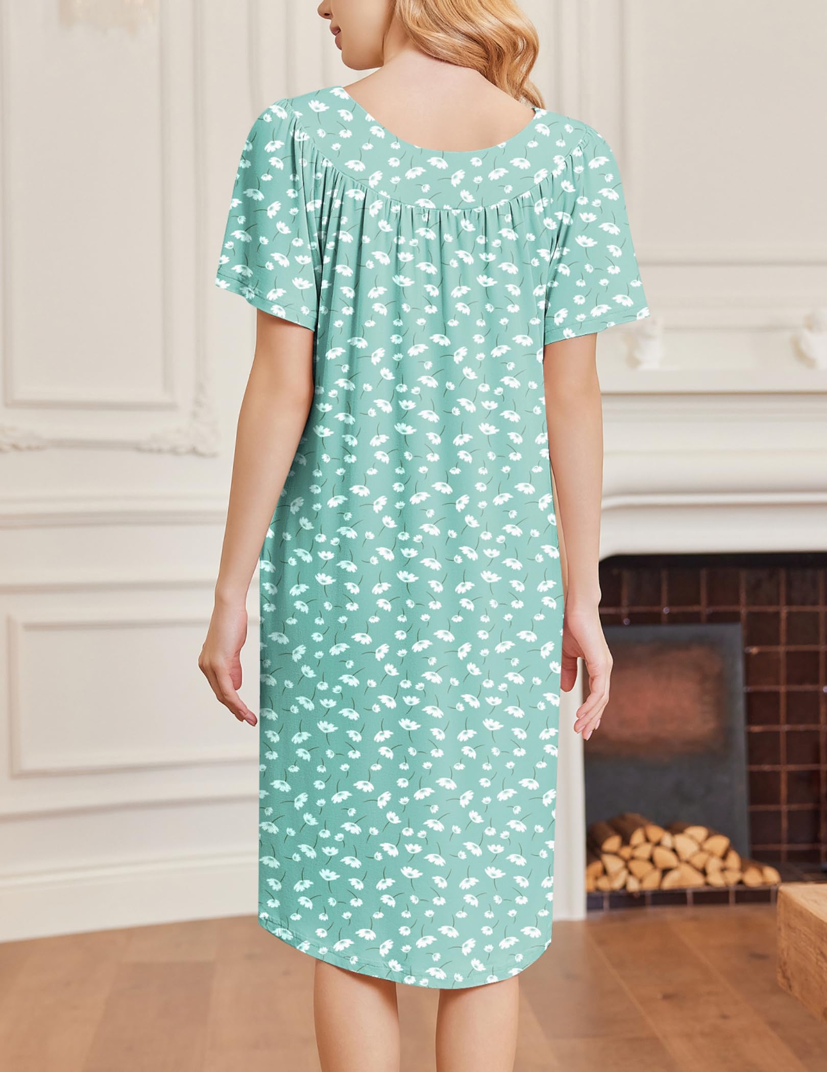 Ekouaer Nightgowns for Women House Dress Short Sleeve Moo Moo with Pockets | Pleated Mumu Dresses V Neck Sleepwear Short Sleeve Night Gowns Soft Sleep Shirts Plus Size Night Shirts Ladies Lounge Dress WEBE CLOTHING