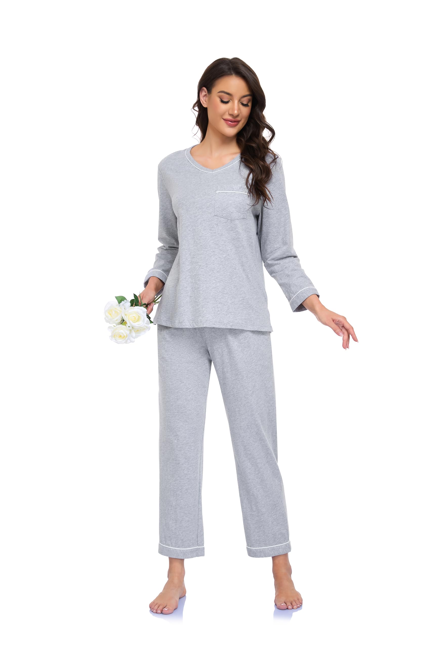 EA'S SECRET 100% cotton Pajamas for Women Summer Lightweight Long Sleeve Pjs 2 Piece Soft Lounge Sleepwear with pocket