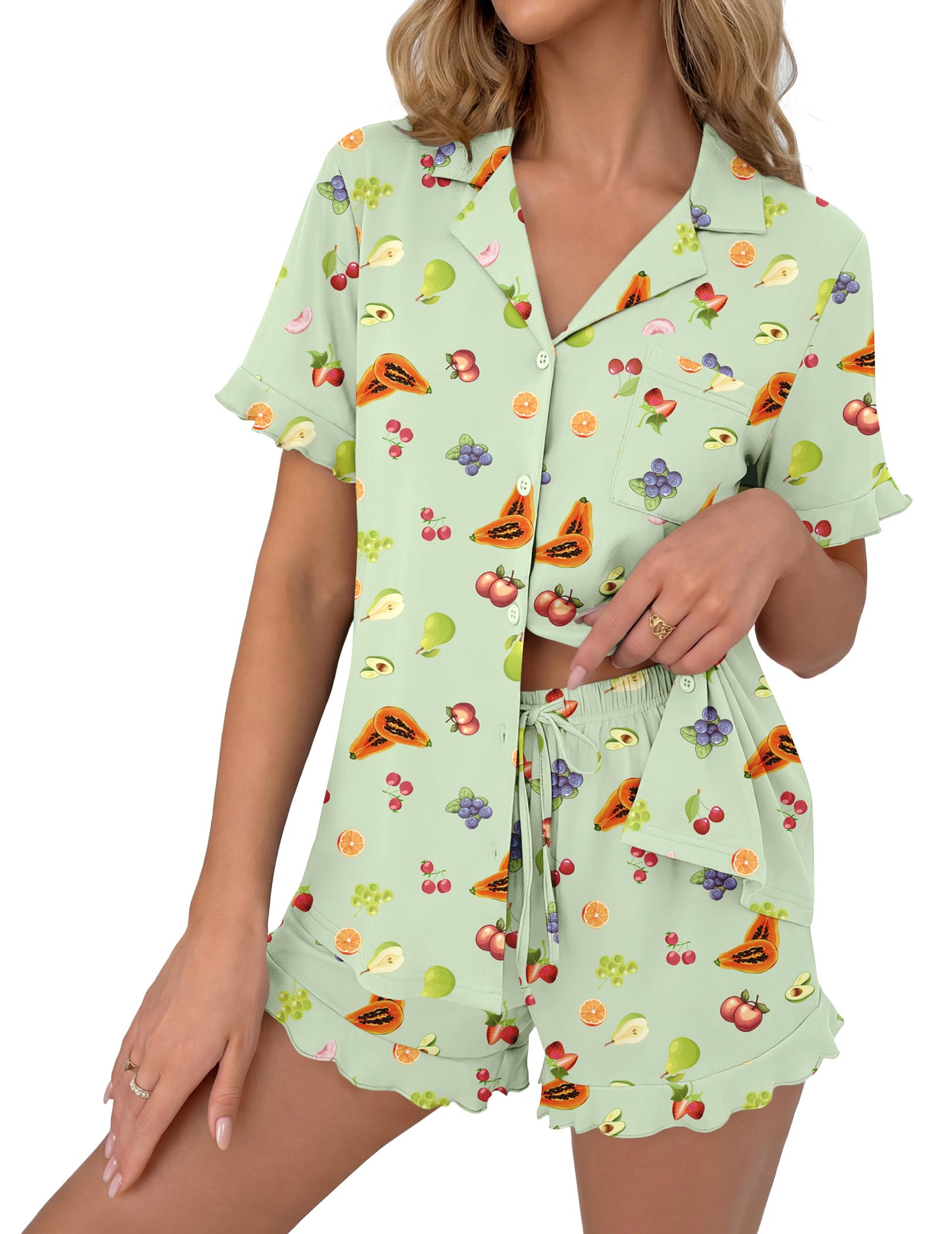 Ekouaer Pajamas Set for Women Button Down Pjs Lounge Sets Ruffle Short Sleeve Sleepwear Cute Loungewear