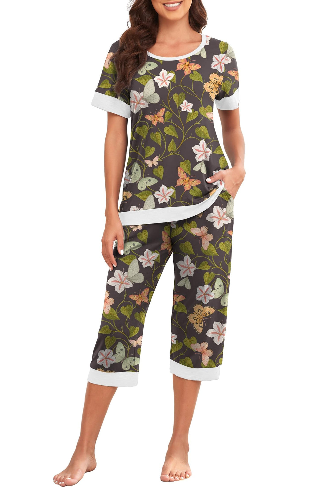 PrinStory Women's Pajama Set Short Sleeve Shirt and Capri Pants Sleepwear Pjs Sets Lounge Set WEBE CLOTHING