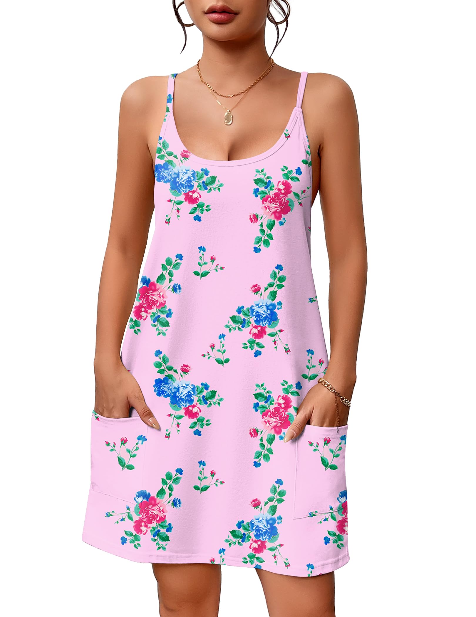 Ekouaer Nightgowns for Women Cotton Sleepwear Sexy Sleep Shirt Adjustable Spaghetti Strap Night Gowns with Pockets S-3XL WEBE CLOTHING