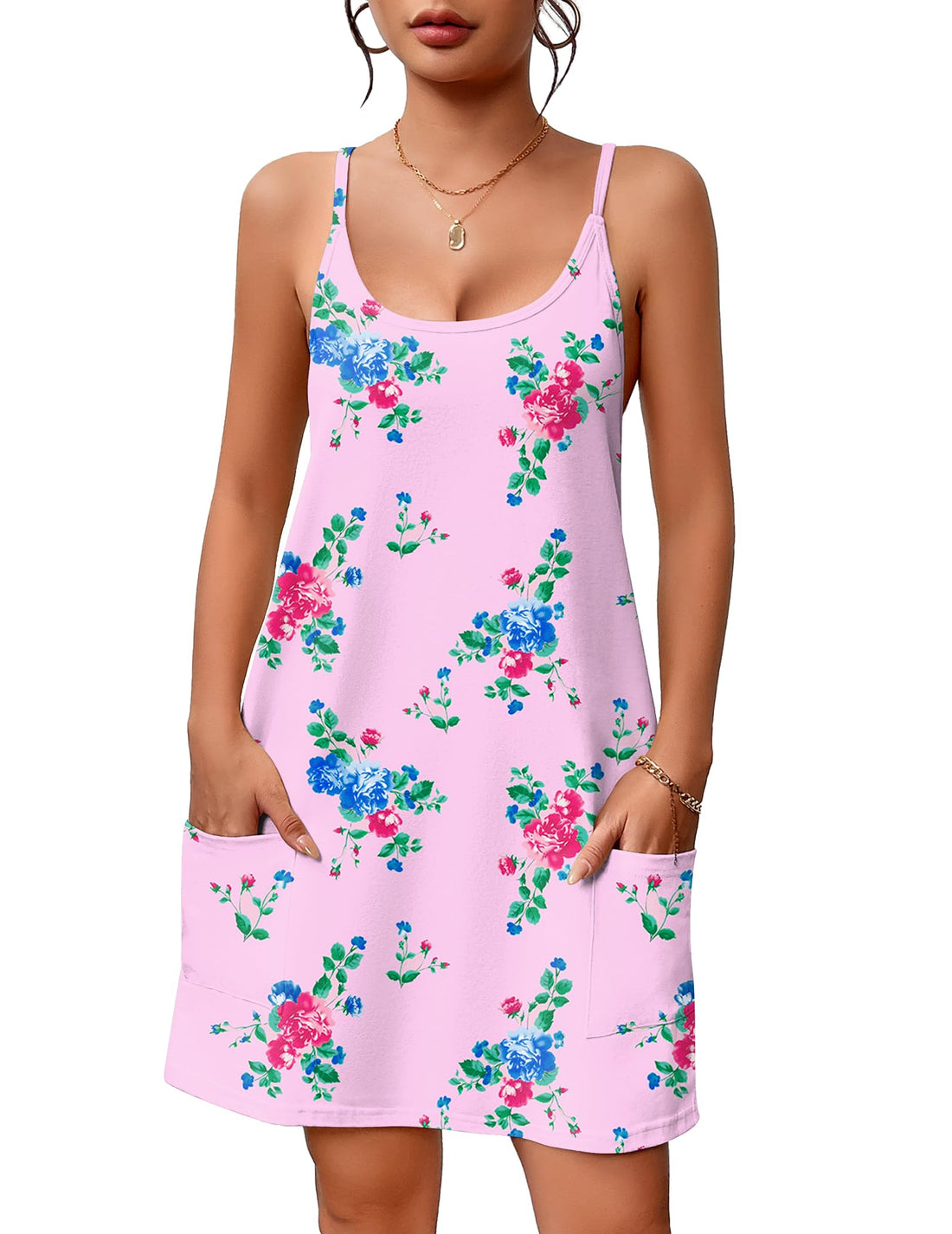 Ekouaer Nightgowns for Women Cotton Sleepwear Sexy Sleep Shirt Adjustable Spaghetti Strap Night Gowns with Pockets S-3XL WEBE CLOTHING