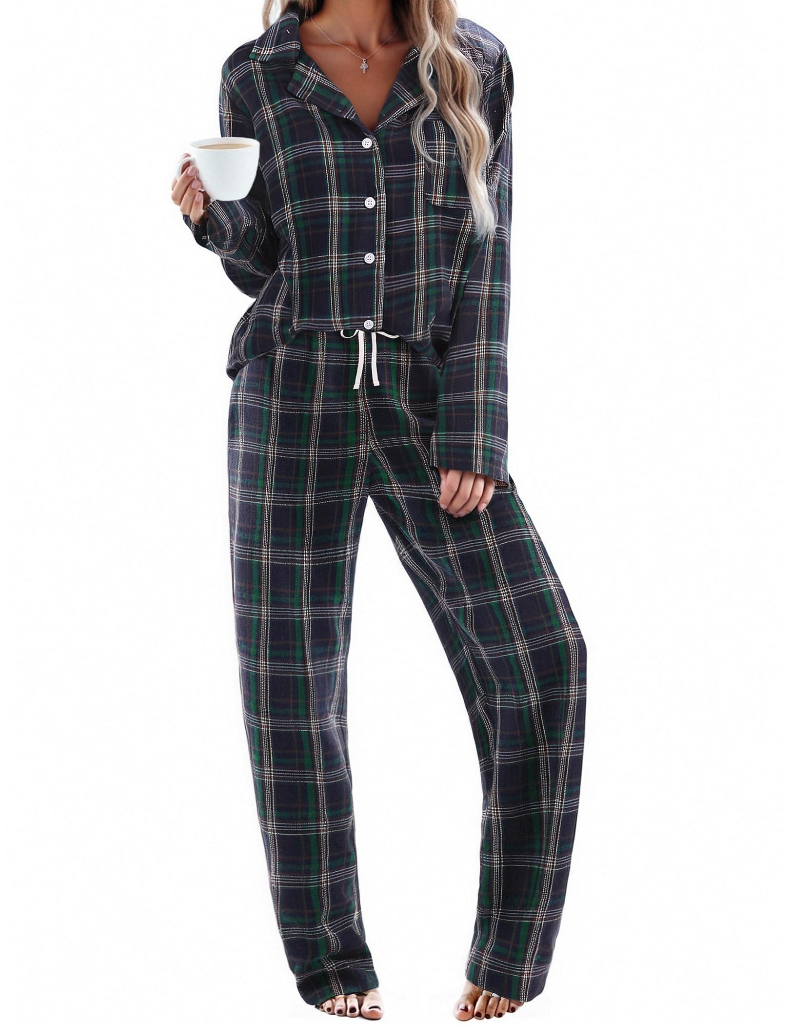Ekouaer Womens Pajama Sets 2 Piece Cotton Plaid Pjs Long Sleeve Sleepwear Button Down Lounge Set with Pockets