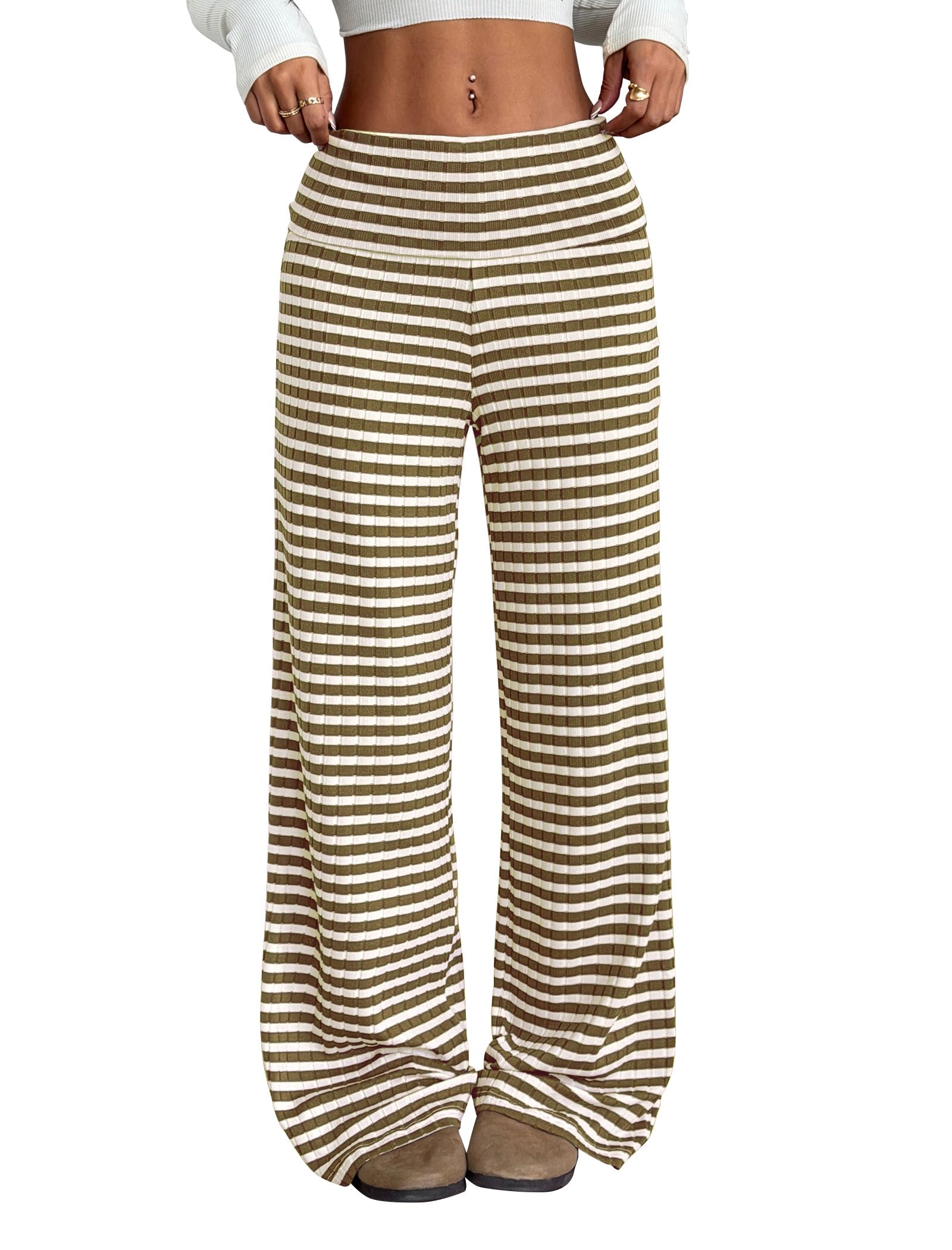 ZAFUL Women's Striped Pants Casual Fold Waist Wide Leg Pants Lightweight Comfy Stretchy Loose Lounge Pajama Pants