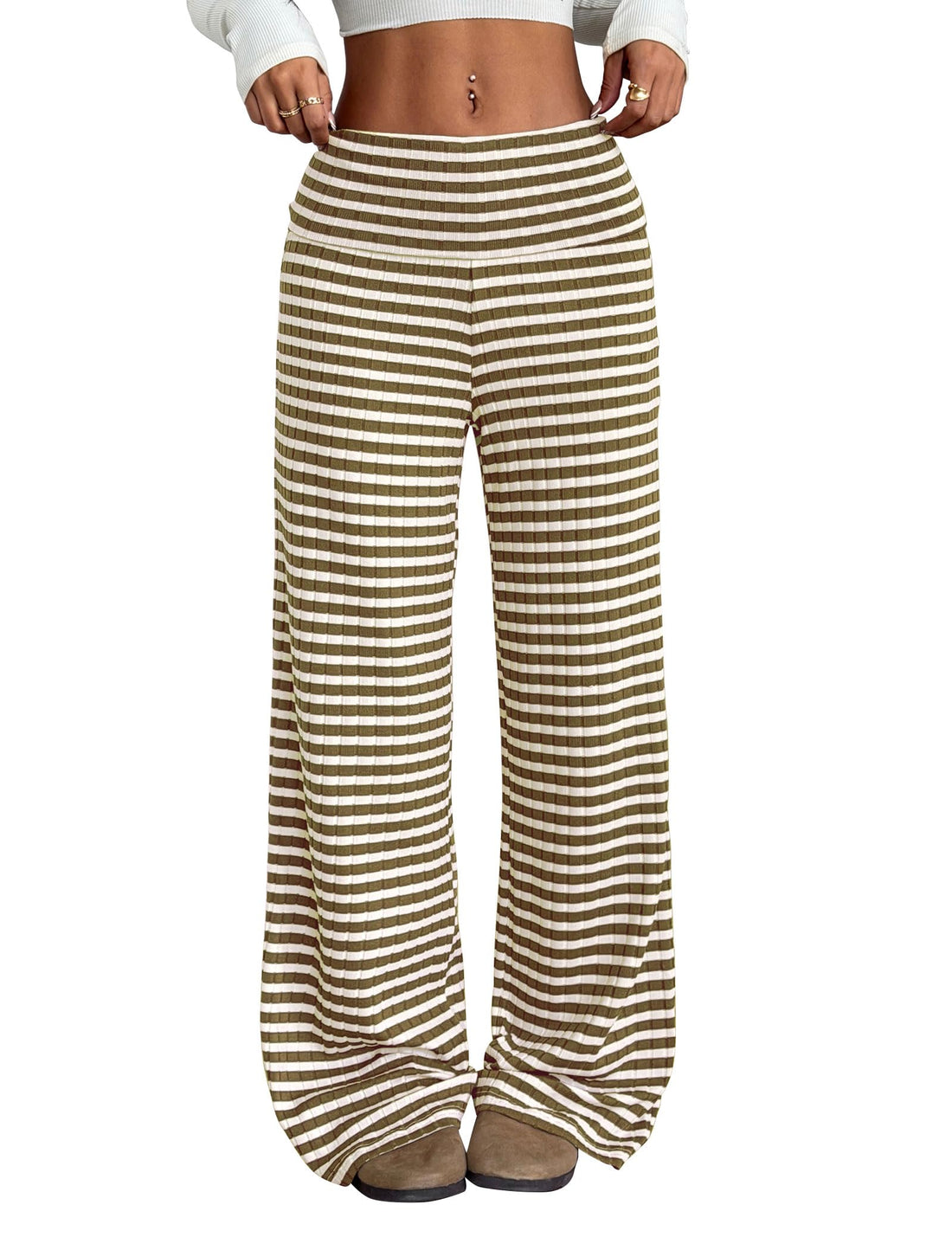ZAFUL Women's Striped Pants Casual Fold Waist Wide Leg Pants Lightweight Comfy Stretchy Loose Lounge Pajama Pants