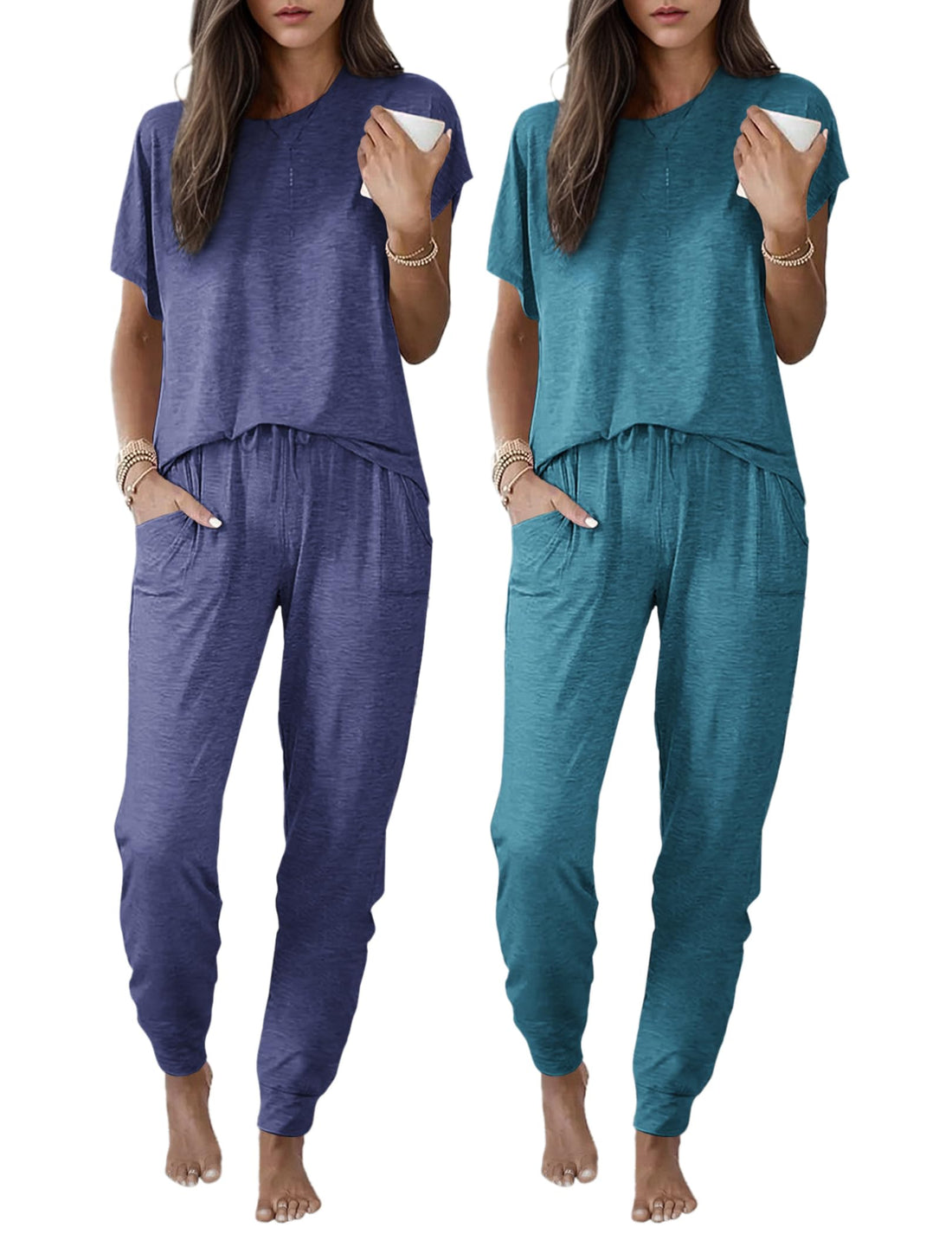 Ekouaer 2 pack Pajama Sets for Womens Jogger Pants Pjs Short Sleeves Lounge Set Soft Sleepwear with Pockets WEBE CLOTHING