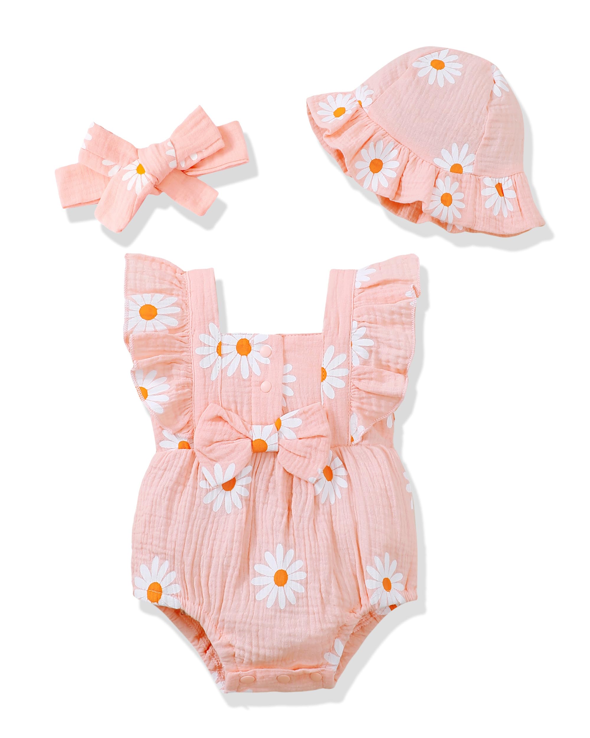Renotemy Baby Girl Clothes Infant Summer Romper Cotton Linen Newborn Essentials Photography Preemie Outfits with Hat&Headband WEBE CLOTHING