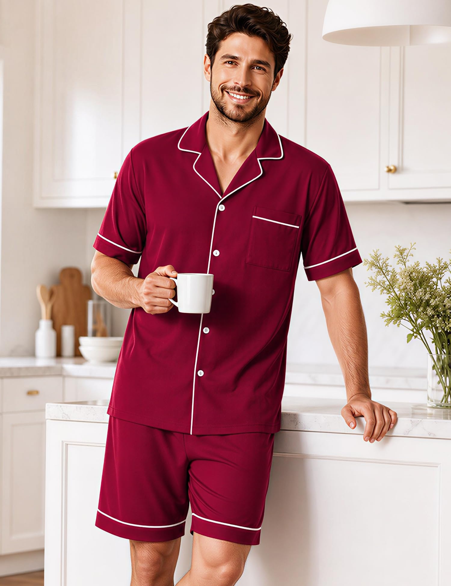 SWOMOG 100% Cotton Mens Pajama Set Short Sleeve Sleepwear Button Down Loungewear 2 PCS Cotton Pjs Set with Pockets WEBE CLOTHING