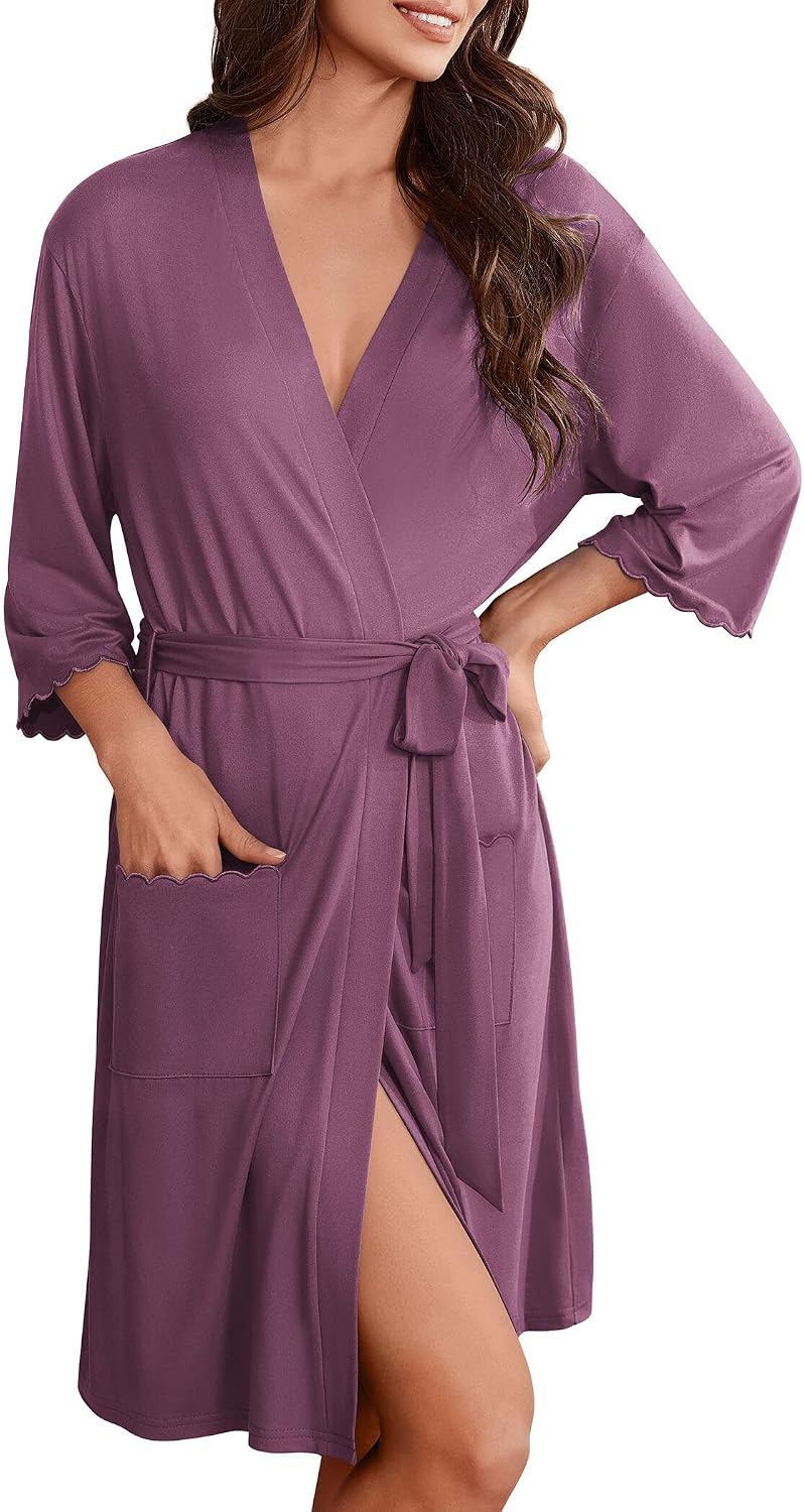 Ekouaer Robes for Women Knee Length Kimono Bathrobe Lightweight 3/4 Sleeve Sleepwear Soft Loungewear with Pockets S-XXL WEBE CLOTHING