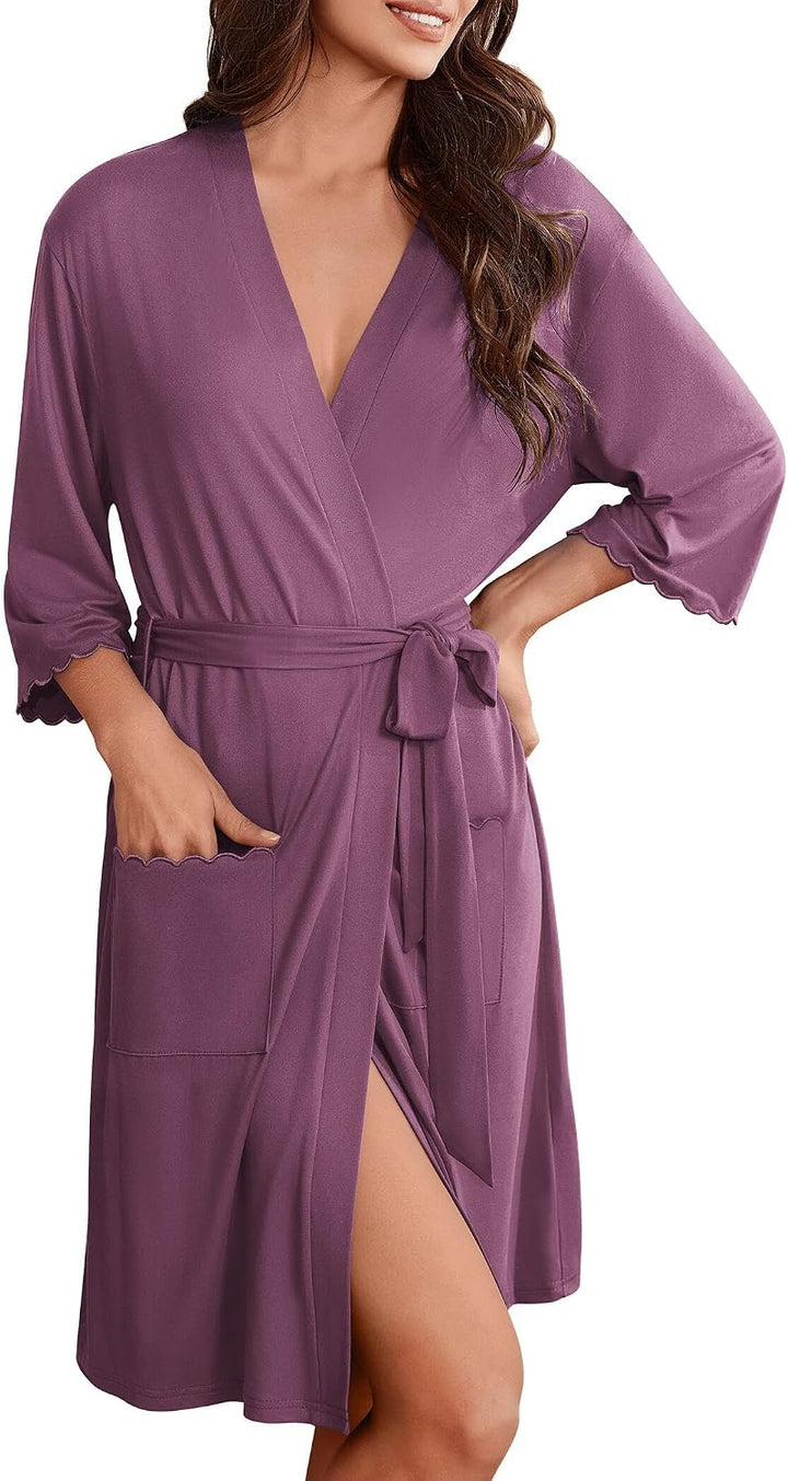 Ekouaer Robes for Women Knee Length Kimono Bathrobe Lightweight 3/4 Sleeve Sleepwear Soft Loungewear with Pockets S-XXL WEBE CLOTHING