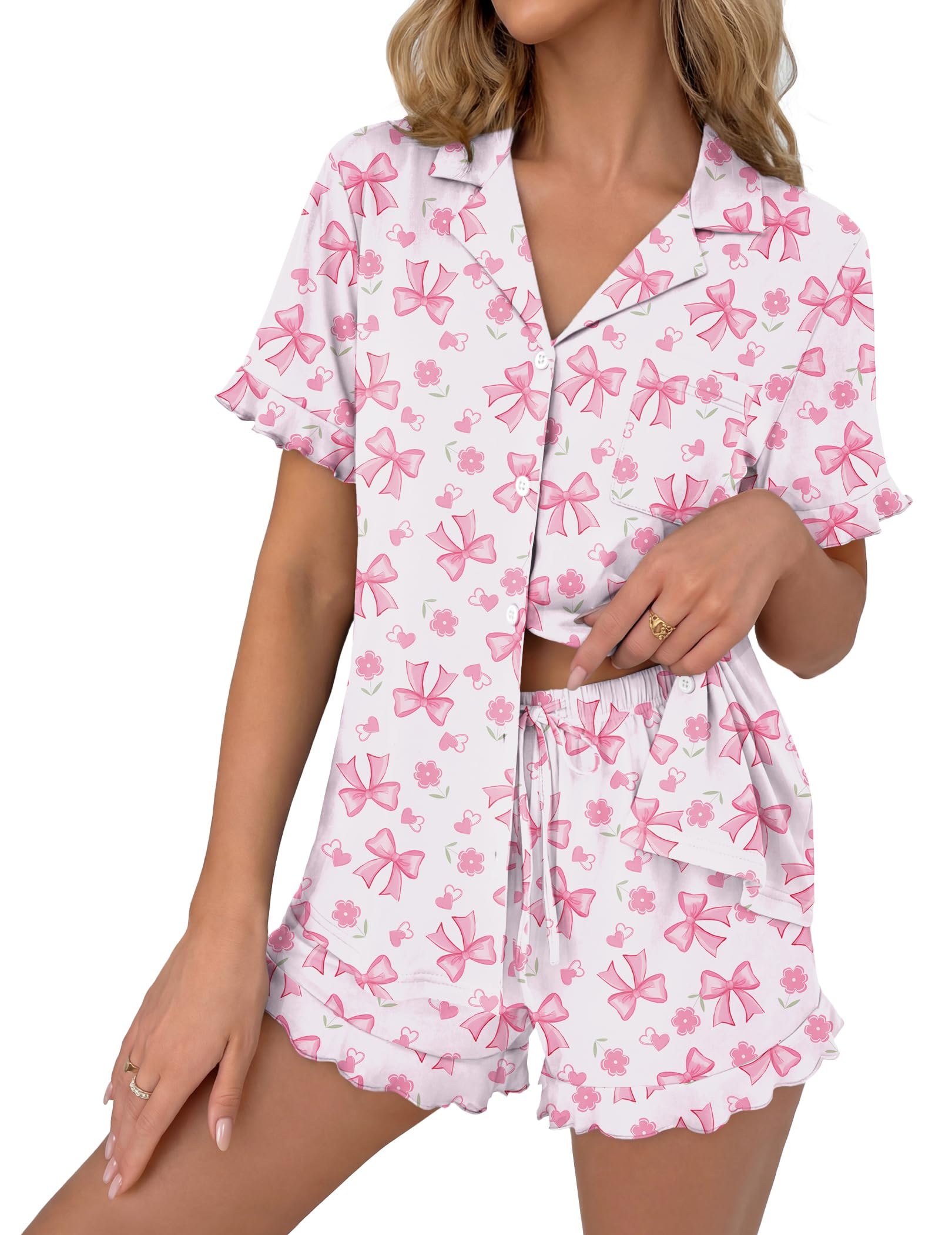 Ekouaer Pajamas Set for Women Button Down Pjs Lounge Sets Ruffle Short Sleeve Sleepwear Cute Loungewear