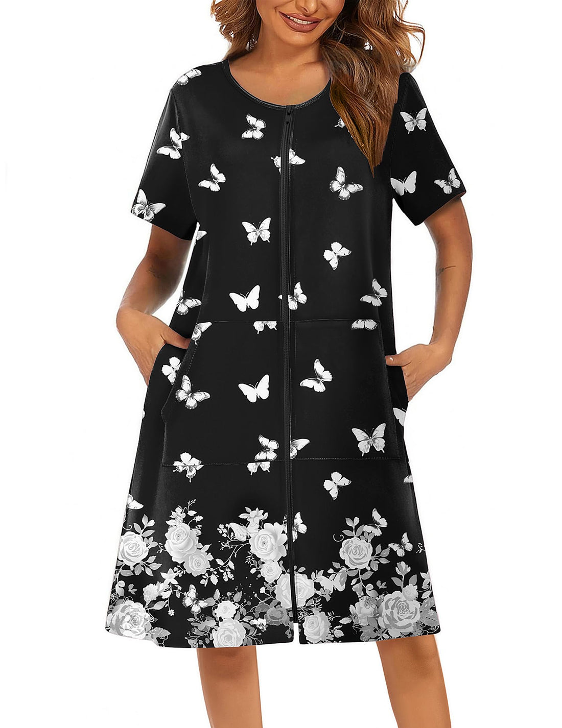 Ekouaer Women Robes Lightweight House Coat Short Sleeve Floral Print Mumu House Dresses with Pockets Zipper Nightgowns